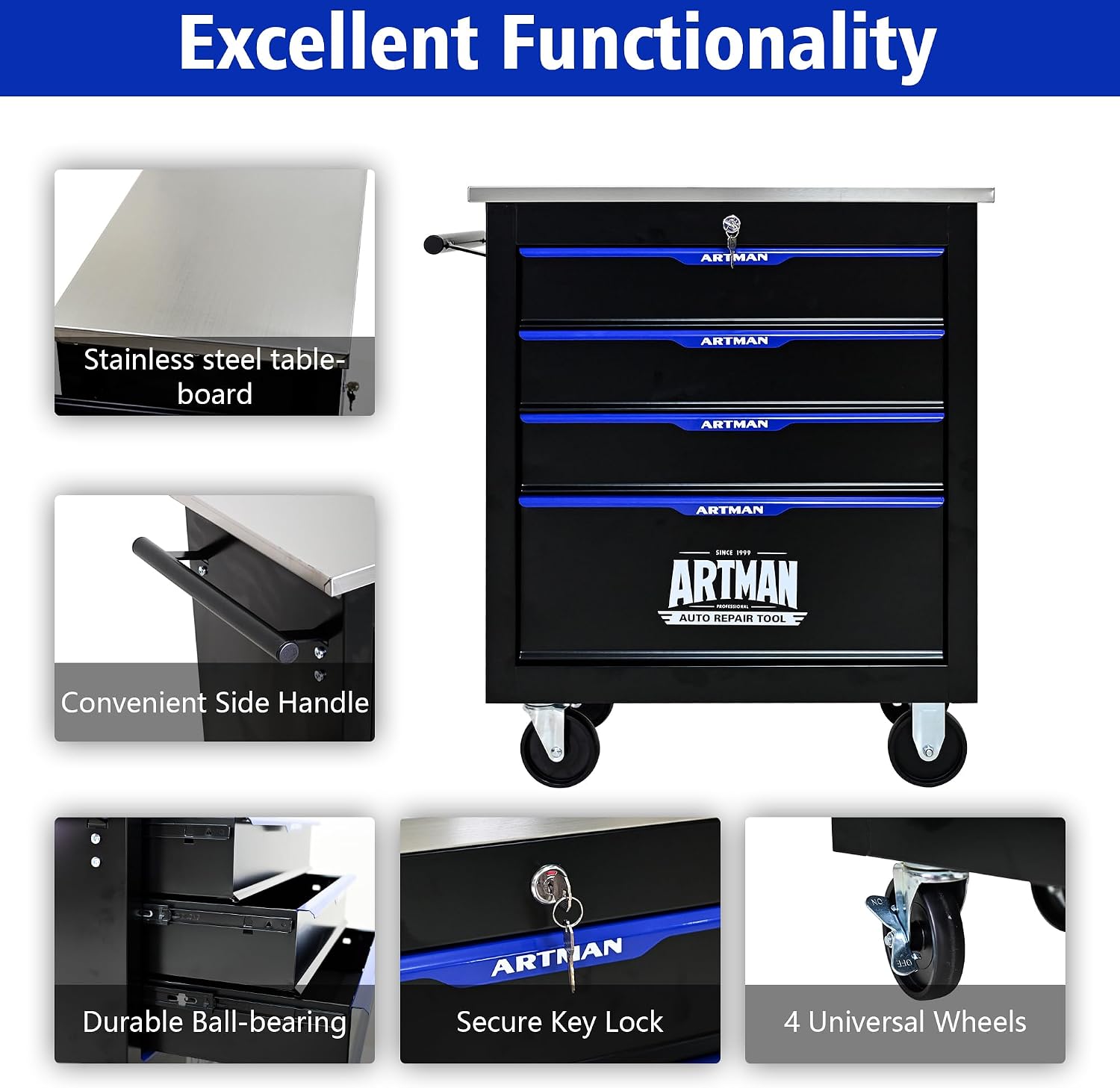 4 Drawers Tool Cart on Wheels with Stainless Steel Worktop, Heavy Duty Mobile Rolling Drawer Tool Chest with Secure Locking System & Locking Wheels for Garage,Warehouse,Workshop (Black&Blue)