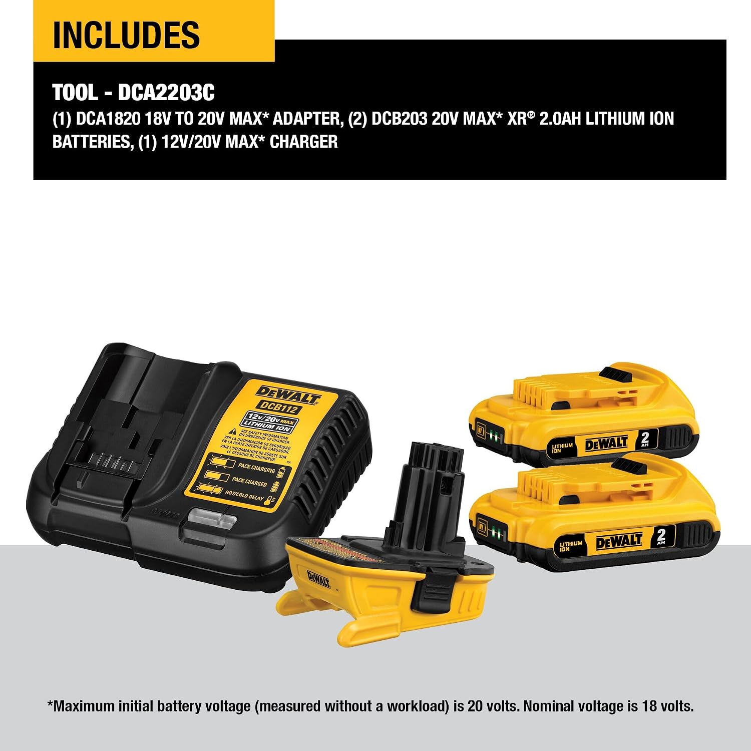 DEWALT 20V MAX Battery Adapter Kit, 18V to 20V, 2 Batteries and Charger Included (DCA2203C)