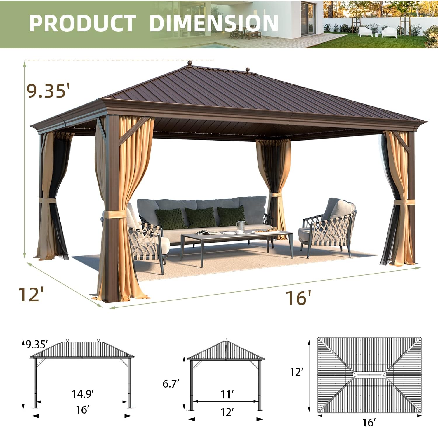 YOLENY 12' X 16' Hardtop Gazebo Galvanized Steel Outdoor Patio Canopy Permanent Gazebos with Single Roof Aluminum Frame, Netting & Curtains for Garden, Patio, Lawns, Deck