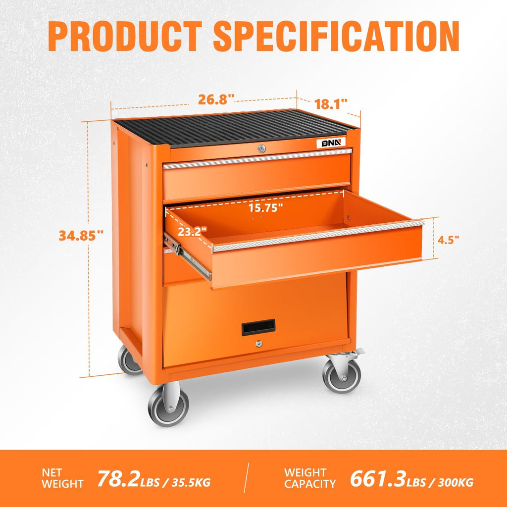 DNA Motoring 3-Drawer Rolling Tools Chest, Rolling Tool Storage Cabinet, Heavy Duty Mechanic Tool Cart, Trolley Organizer for Garage, Warehouse, Workshop, Orange, TOOLS-00400