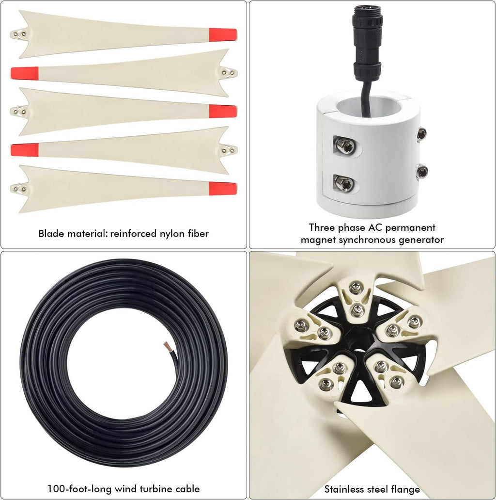 Nature's Generator Wind Turbine Includes 100 Foot 12 AWG Cable, 5 Blades, Controller Box, Land or Marine Use Day and Night