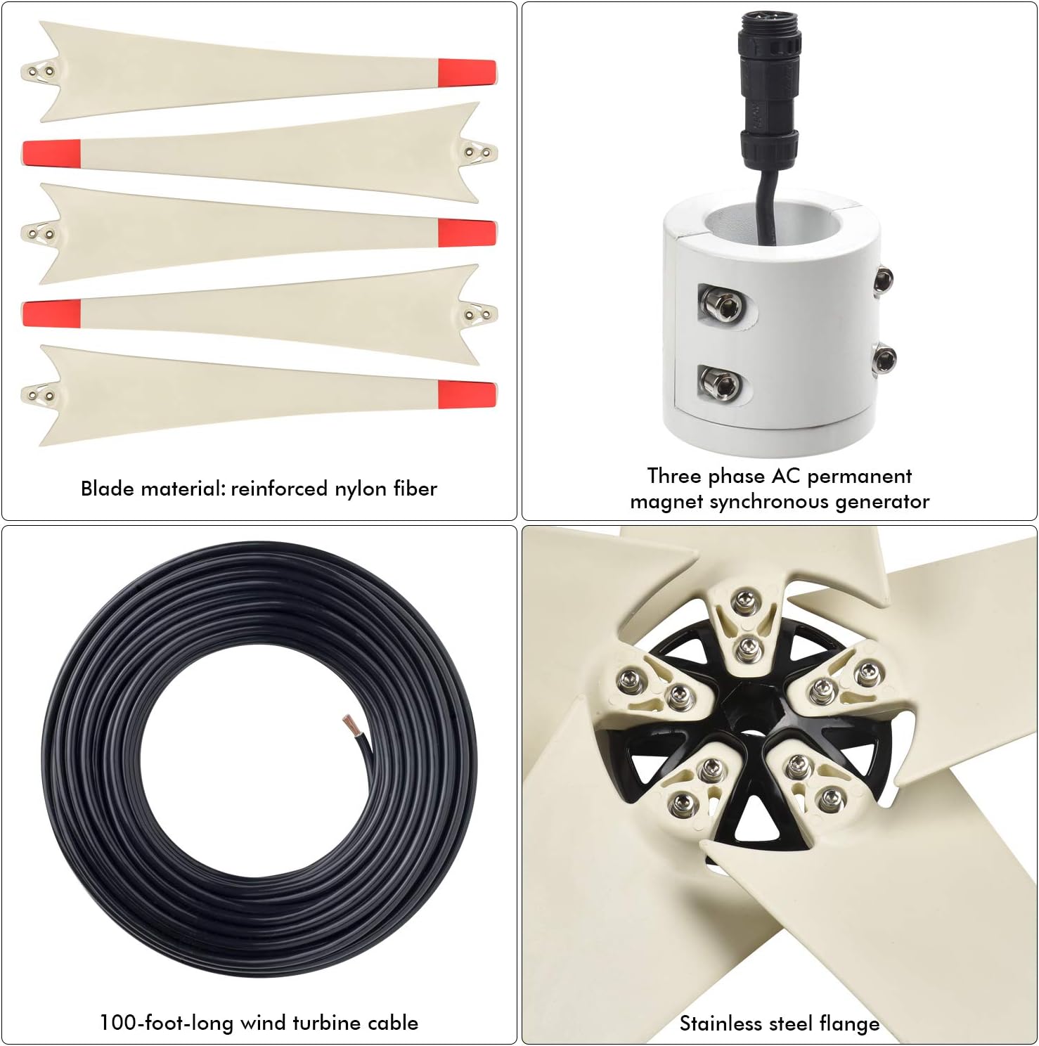 Nature's Generator Wind Turbine Includes 100 Foot 12 AWG Cable, 5 Blades, Controller Box, Land or Marine Use Day and Night