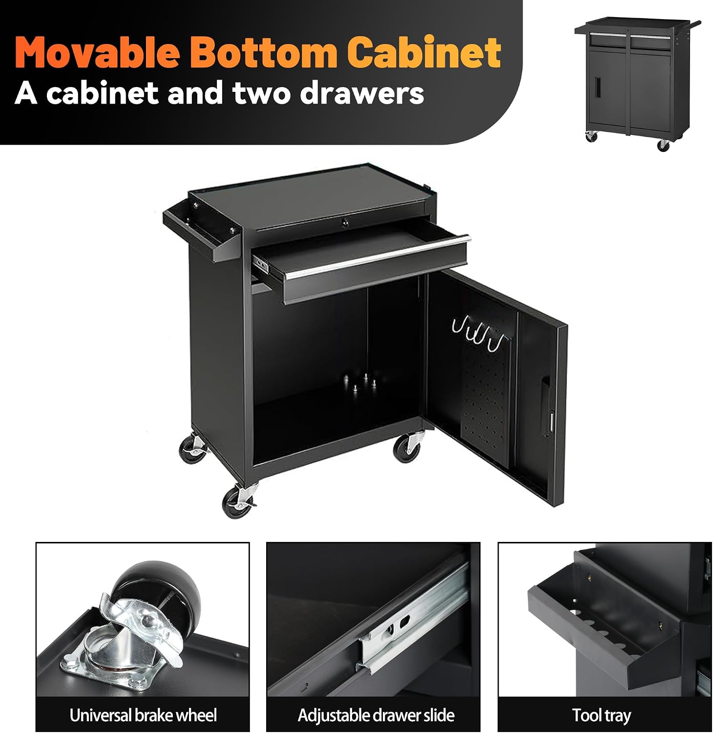 5 Drawers Tool Cart on Wheels with 1 Cabinet, Multifunctional Removable Rolling Tools Chest Storage Set, Tool Trolley Organizer Tools Box for Garage,Warehouse,Repair Shop,Workshop (Black)