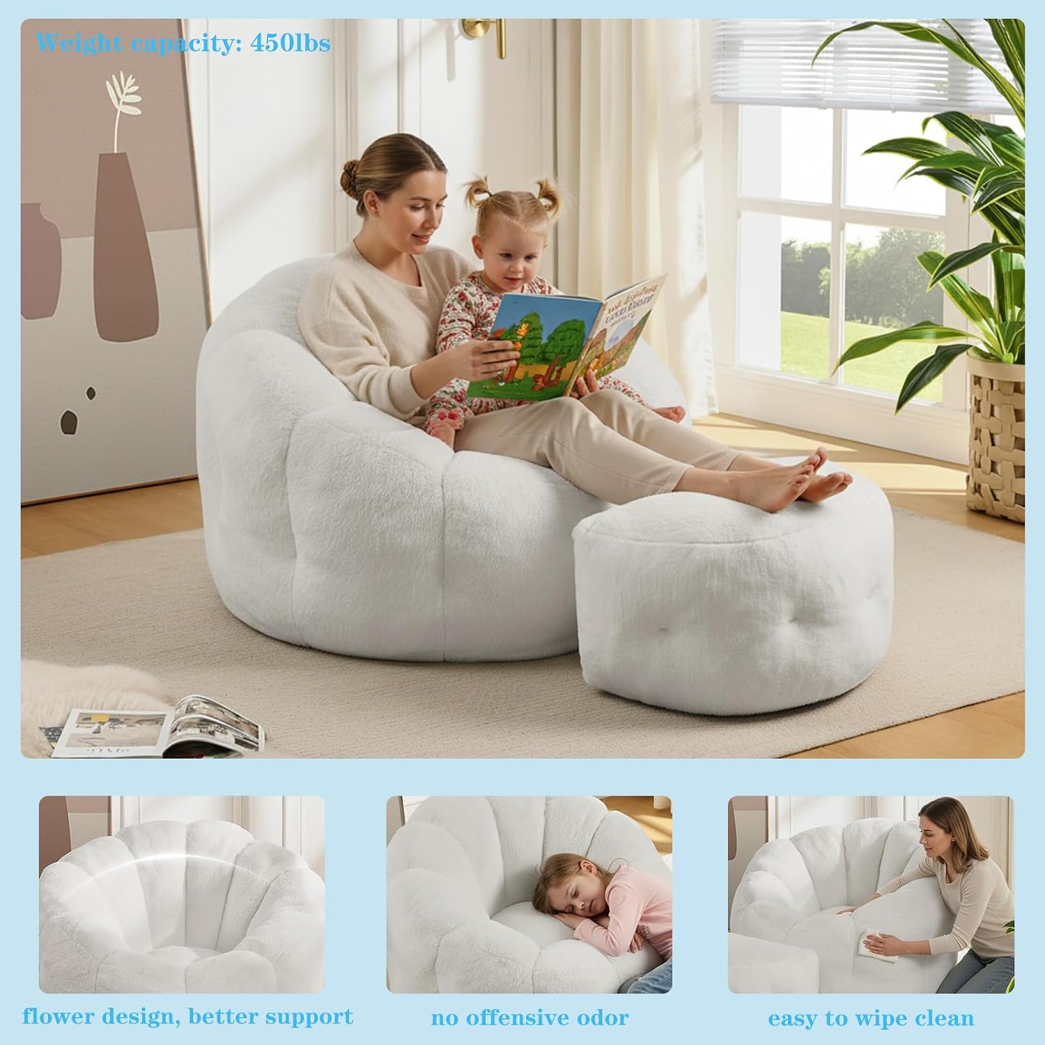 Bean Bag Chair with Ottoman, Flower Shape Bean Bag Chairs for Adults and Teens, Comfy Plush Faux Fur Bean Bags for Living Room, Bedroom, Apartment, Dorm, White