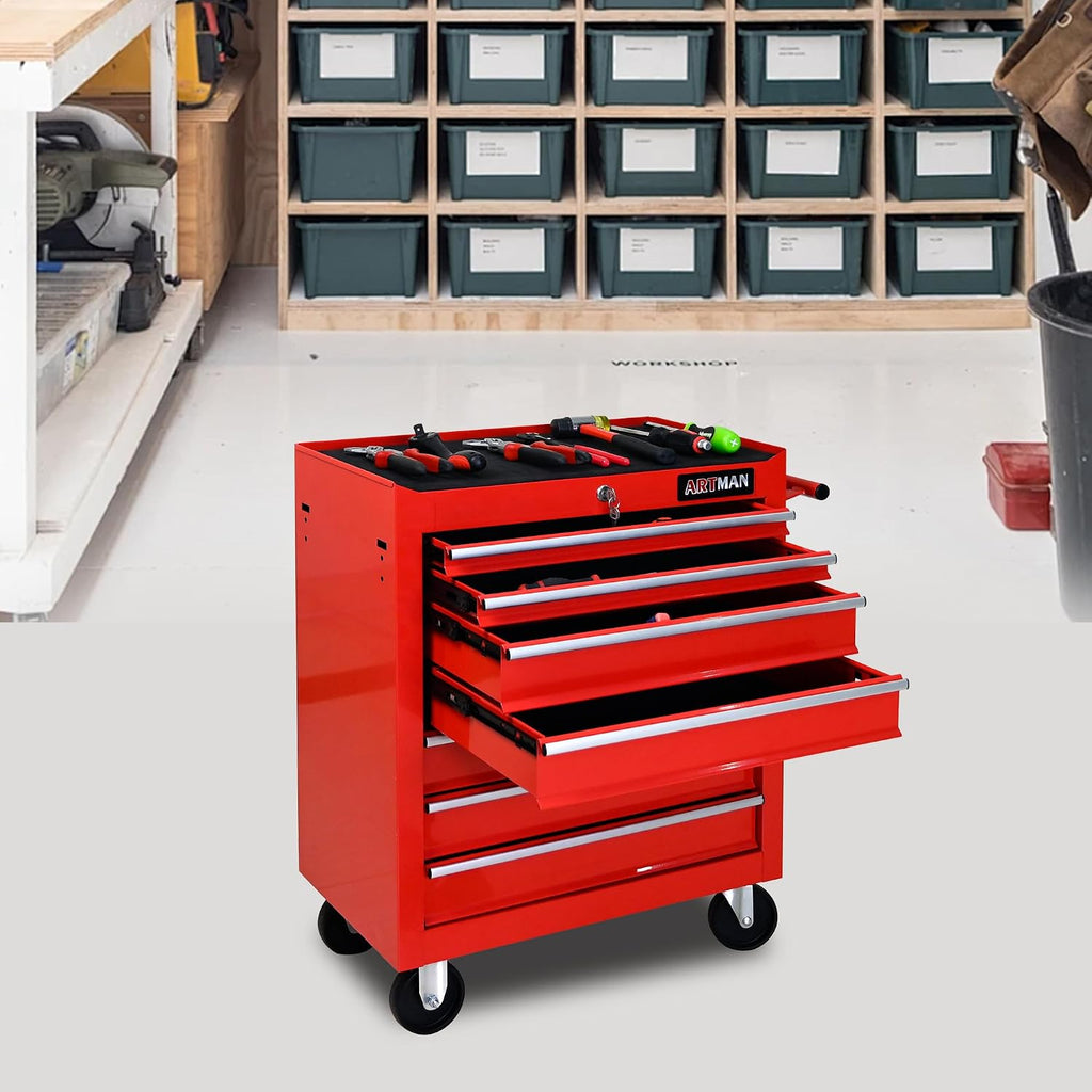7 Drawers Tool Cart on Wheels, 7 Drawer Rolling Tool Chest with Key Lock, Trolley Organizer Tool Case, Multifunctional Rolling Tool Box for Garage,Warehouse,Workshop,Repair Shop (Red)