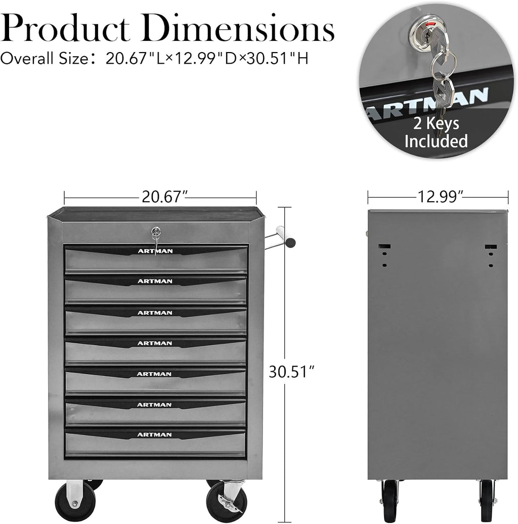 Rolling Tool Chest Cart with 7 Drawers,Storage Tool Cabinet on 4 Wheels. Lockable Tool Cart with Drawer Liners.Steel Tool Box Organizer for Garage,Repair Workshop-Silver