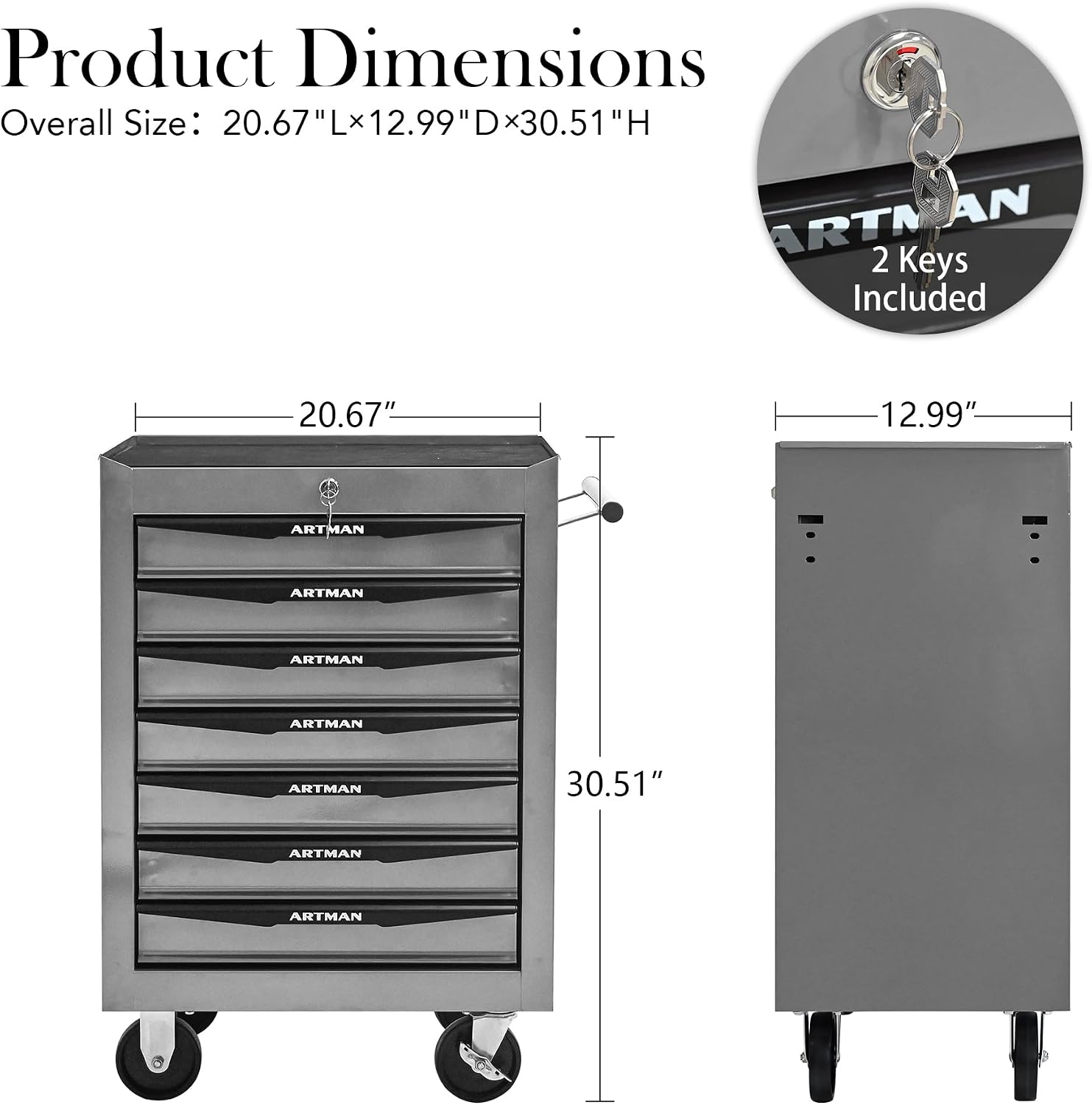 Rolling Tool Chest Cart with 7 Drawers,Storage Tool Cabinet on 4 Wheels. Lockable Tool Cart with Drawer Liners.Steel Tool Box Organizer for Garage,Repair Workshop-Silver