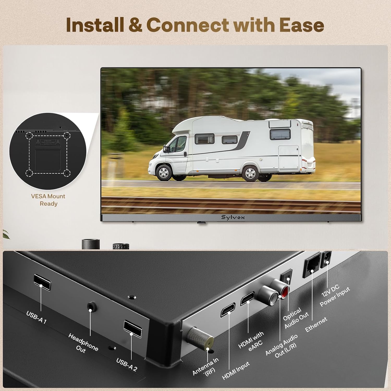 SYLVOX RV TV, 12V QLED TV with DVD Player Built-in, 27 Inch Smart Television for Camper, 12 Volt DC Power Low Energy Consumption, HD 1080P, Bezel Less Design