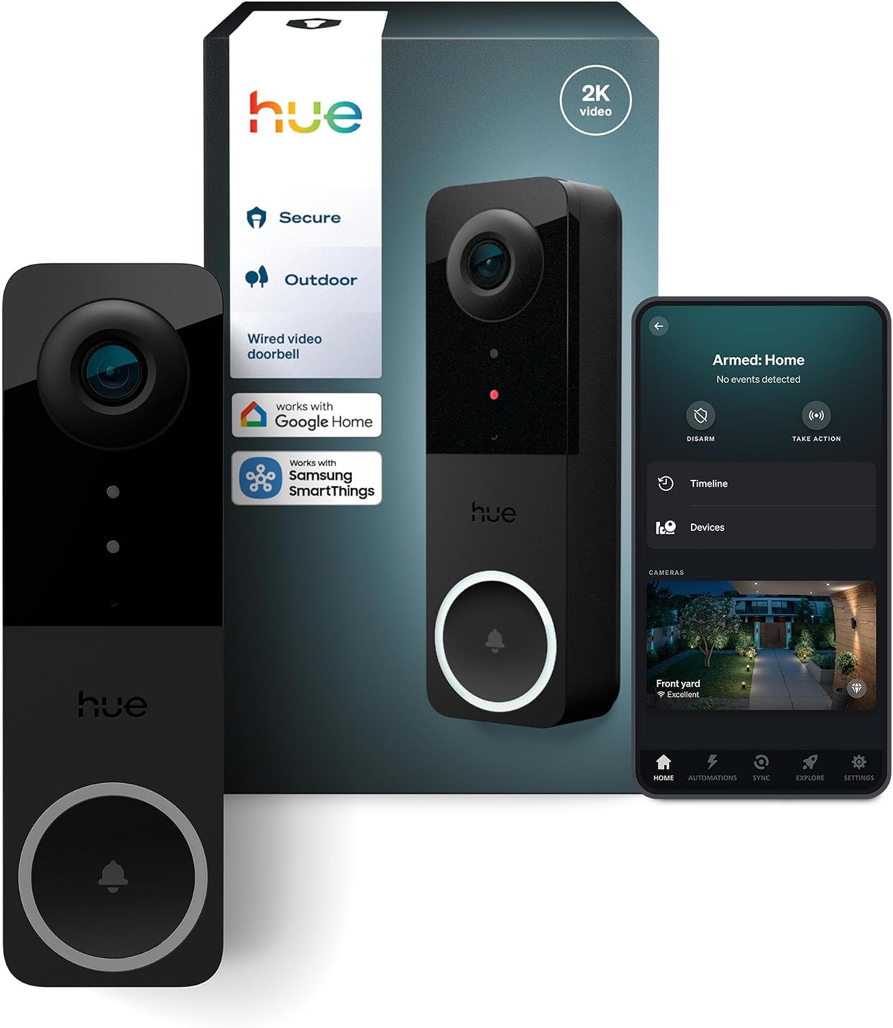 PHILIPS Hue Secure Wired Video Doorbell, 2K Resolution, Wide Angle View, Notifications, Doorbell Camera with Integrated Hue Lights, Two-way Audio, Infrared Night Visibility, Black