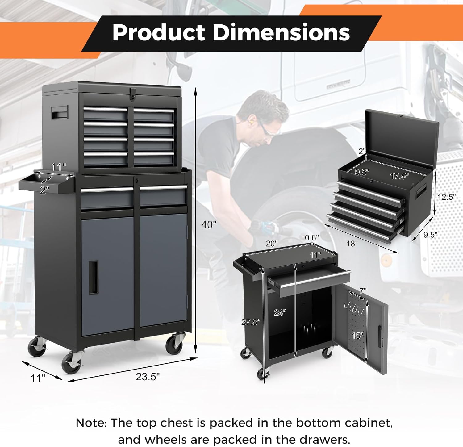 IRONMAX Rolling Tool Chest, 5-Drawer Lockable Tool Cabinet w/Adjustable Shelf & 4 Universal Wheels, 2 in 1 Detachable Tool Box Storage Organizer for Garage Workshop Repair Shop, Grey