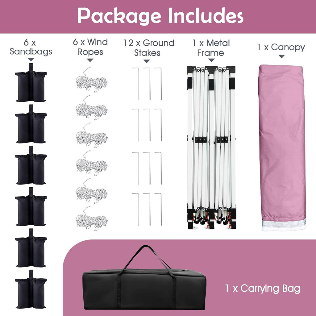 Tangkula 10x20 Ft Pop Up Canopy, Instant Setup Tent with 6 Sandbags, 12 Stakes & 6 Ropes, UPF 50+ Portable Outdoor Canopy Tent with Carrying Bag for Camp, Beach, Patio (Pink)
