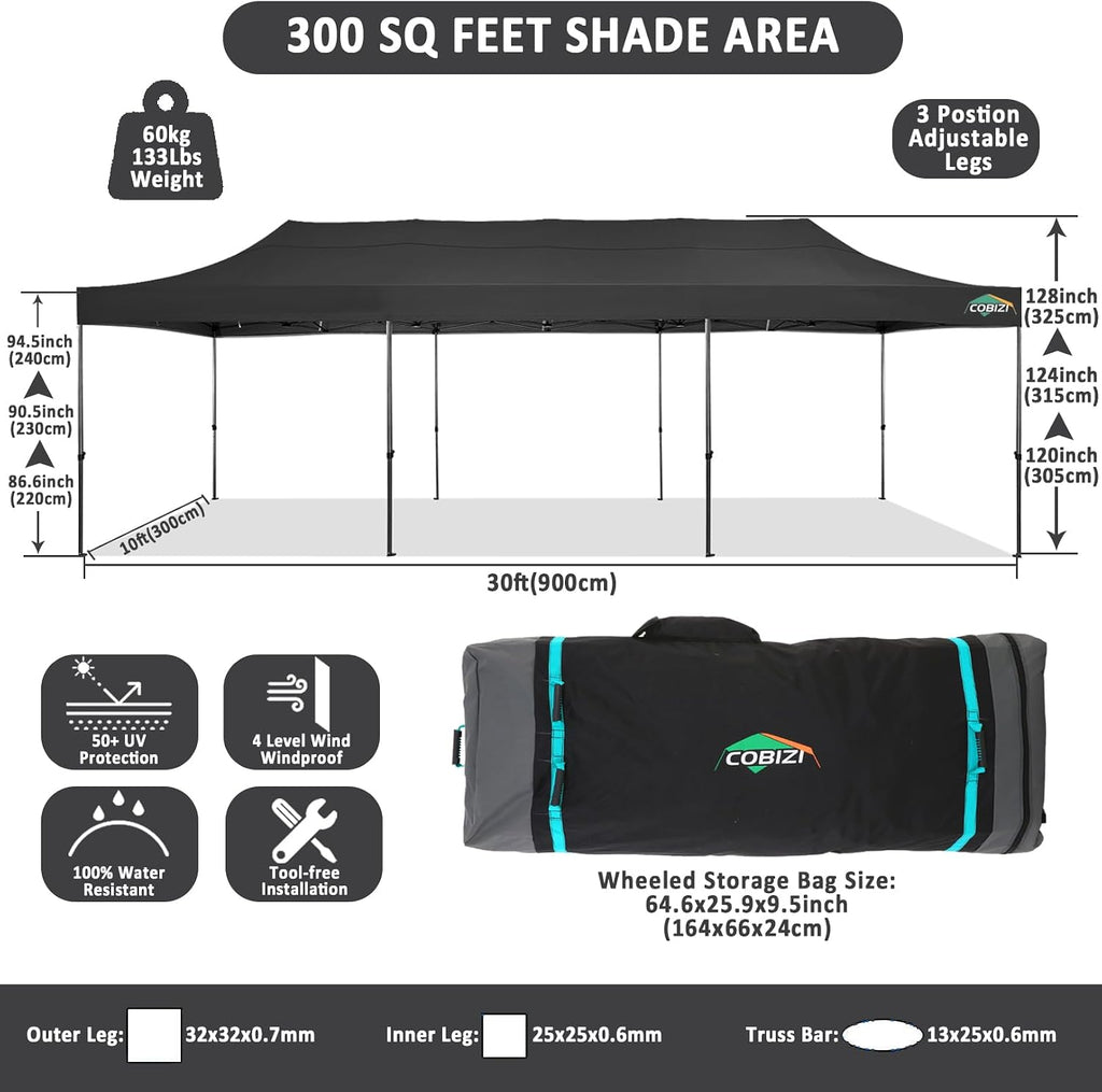 COBIZI 10x30 Pop up Canopy Tent 10x30 Canopy No Sidewall Waterproof Heavy Duty Commercial for Parties Outdoor Garden Gazebo Tent, Carry Bag with Wheel(10x30ft No Sidewalls, Black)