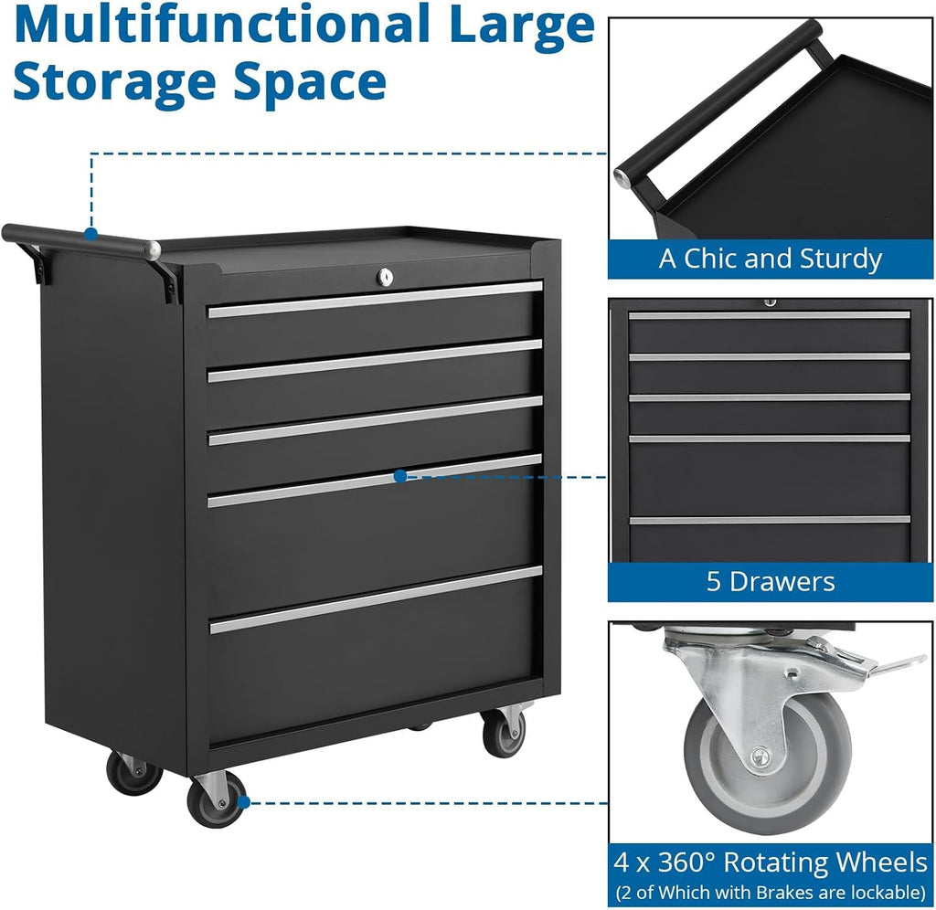 5-Drawer Rolling Tool Chest,Tool Cabinet on Wheels with Keyed Locking System and Drawer Liners,Tool Chest with Link Buckle and Can Be Combined to Large Cabinet Set,for Garage, Warehouse & Repair Shop