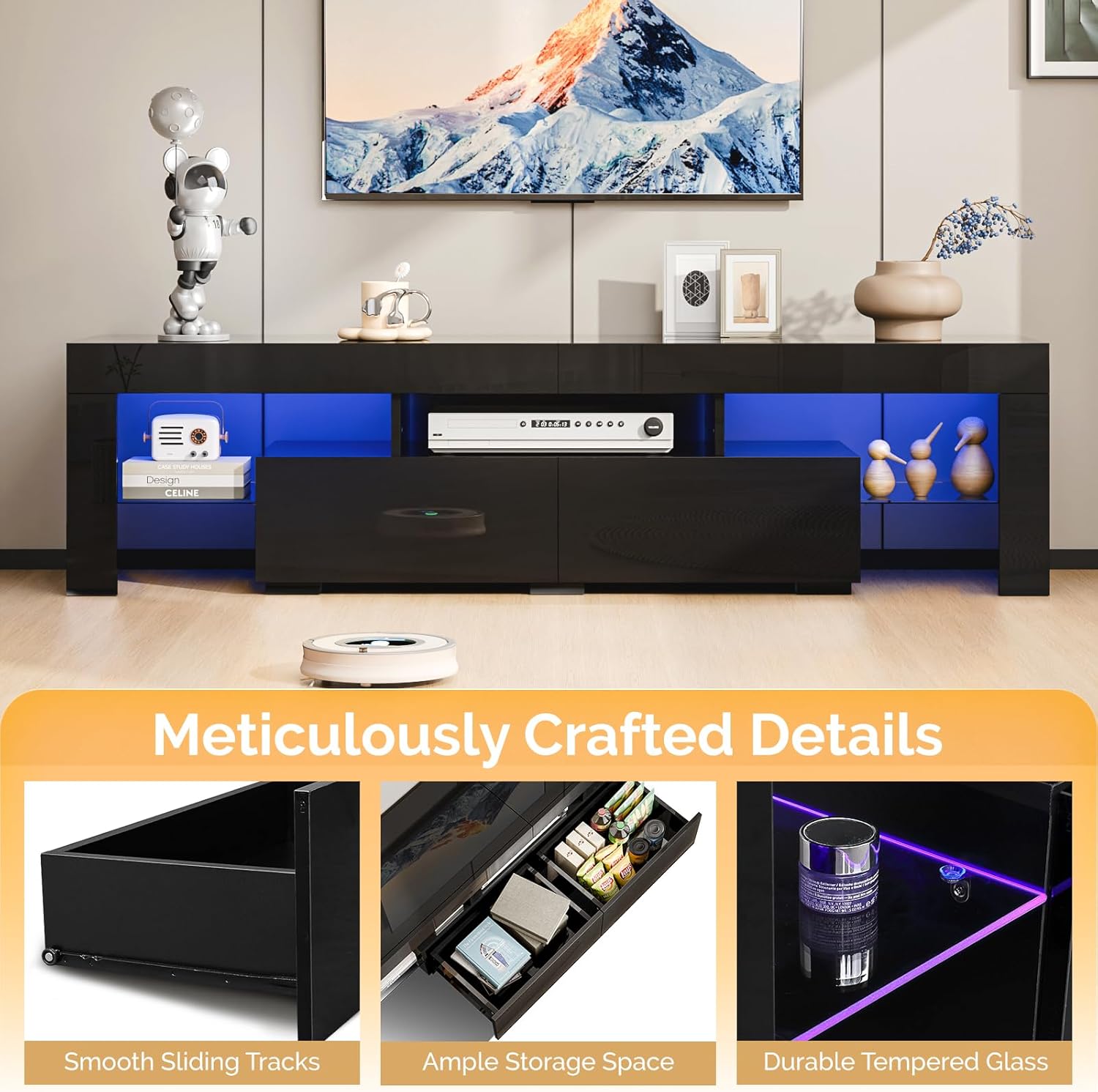 Bonnlo 63' LED TV Stand, Modern Black Entertainment Center with LED Lights and Storage for 55/60/65/70 Inch TVs, High Gloss Design for Living Room and Bedroom (Black, 63'' x 14'' x 18'')