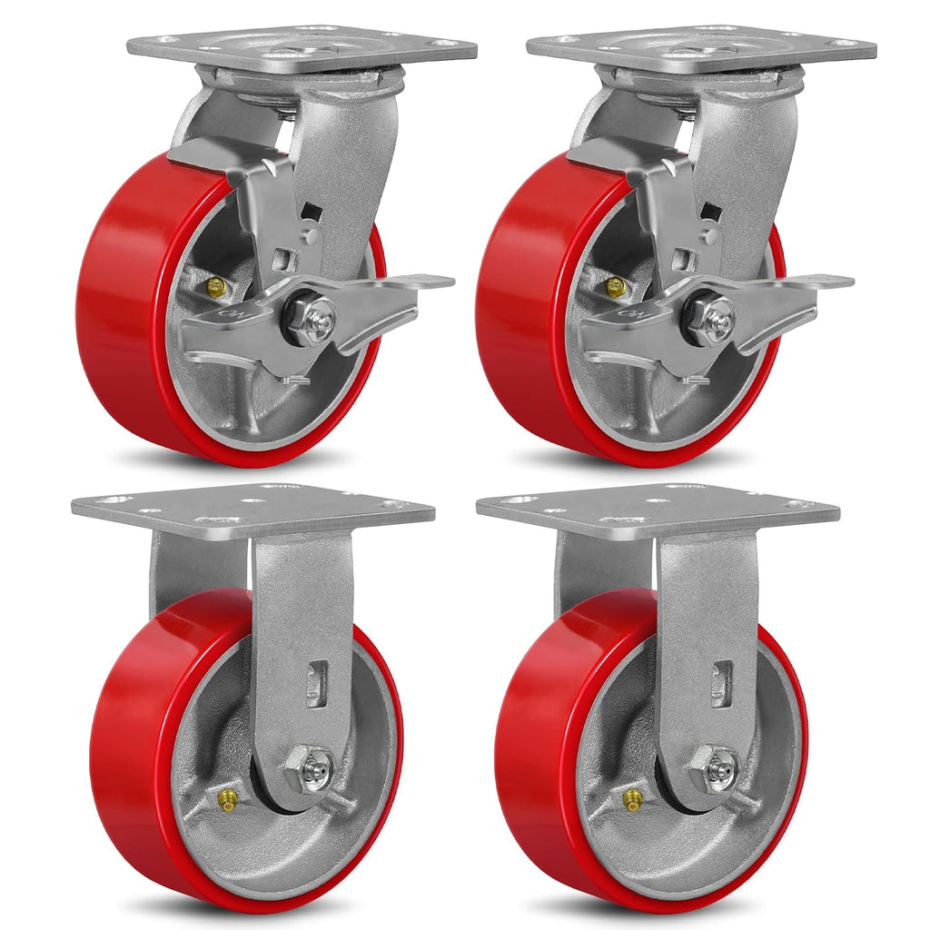 5' X 2' Industrial Plate Rigid & Brake Caster Wheels Set of 4 Heavy Duty,Load Capacity 4000lbs, No Noise Polyurethane Wheel on Steel Hub for Toolbox Workbench