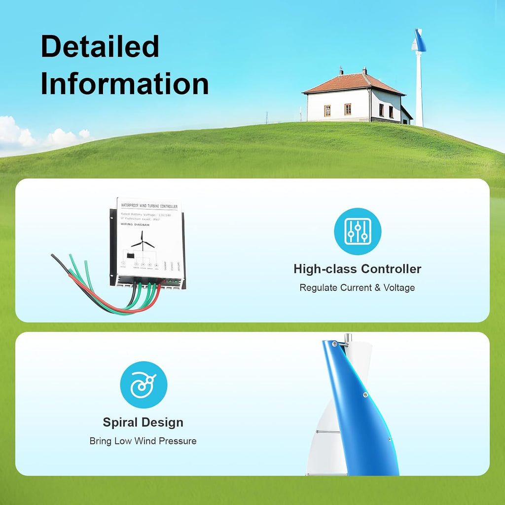 Wind Turbine Generators Kit,500W Vertical Axis Generator for Hybrid Solar Wind System,2 Blades Permanent Magnet Generator Winds Turbine Kit with Controller (White+Blue)