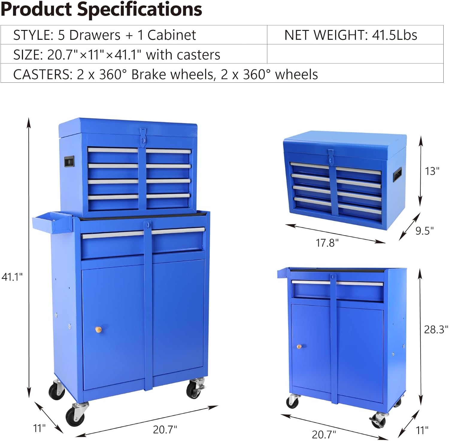 5 Drawer Tool Cart Rolling Tool Chest on Wheels Drawers Rolling Tool Box Organizer Drawer Liners Detachable Top with Locking System for Garage Workshop Warehouse Repair Shop Blue