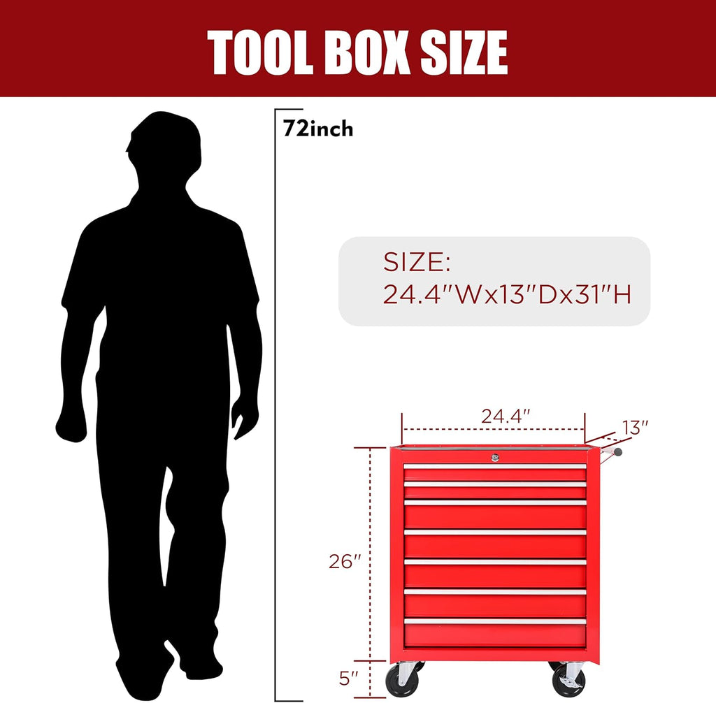 7 Drawers Rolling Tool Cart on Wheels, Multifunctional Metal Tool Storage Cabinet, Lock Tool Trolley Organizer Drawers Tool Box Tool Chest for Garage, Warehouse, Workshop, Repair Shop (RED)