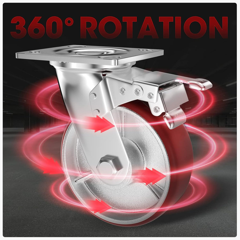 Casters Set of 4 Heavy Duty 6 inch Caster Wheels - ASRINIEY Locking Casters with No Noise Polyurethane on Steel Wheels, Swivel Plate Caster with Brake for Toolbox Workbench, 5000 lbs Total Capacity