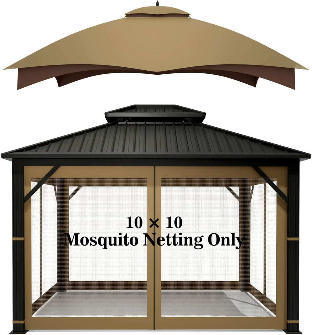 Hugline Outdoor Replacement Canopy Top Double Tier Gazebo Roof Cover for Lowe's Allen Roth 10x12 Gazebo #GF-12S004B-1 (Khaki) + Gazebo Universal Replacement Mosquito Netting – Hugline 10' x 10' Outdoo