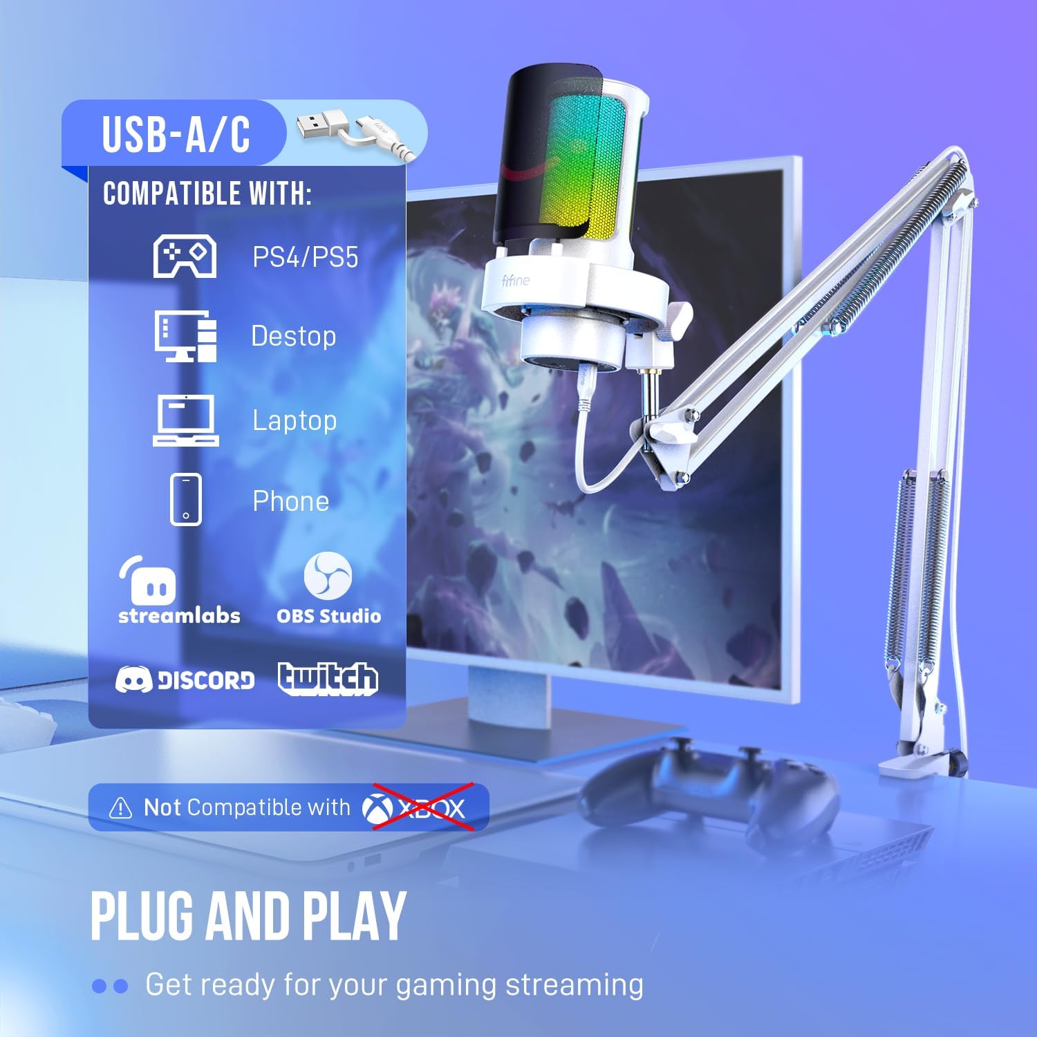 FIFINE USB Gaming Equipment Bundle with Microphone and Headset, Over-Ear Headset with Control Box, Soft Ear Pads and RGB Condenser Mic Kit for Streaming, Compatible for Window/Mac-A8TW+H13WP