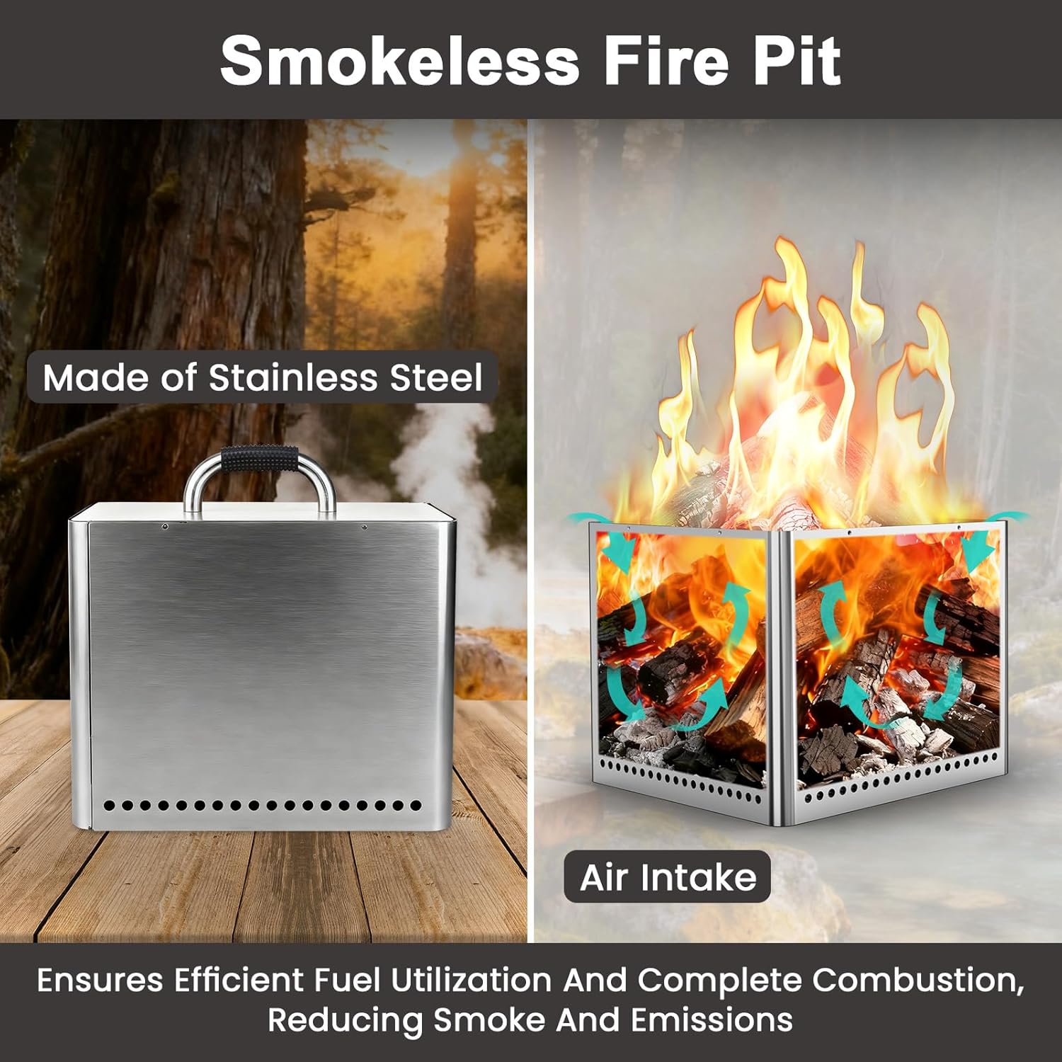 Uniflasy Smokeless Fire Pit and Fire Pit Surround Tabletop, Portable Protective Barrier Equal Width, Safety & Extra Space, 48' Outdoor Tabletop & 17' Smokeless Firepit for Backyard, Camping & Party