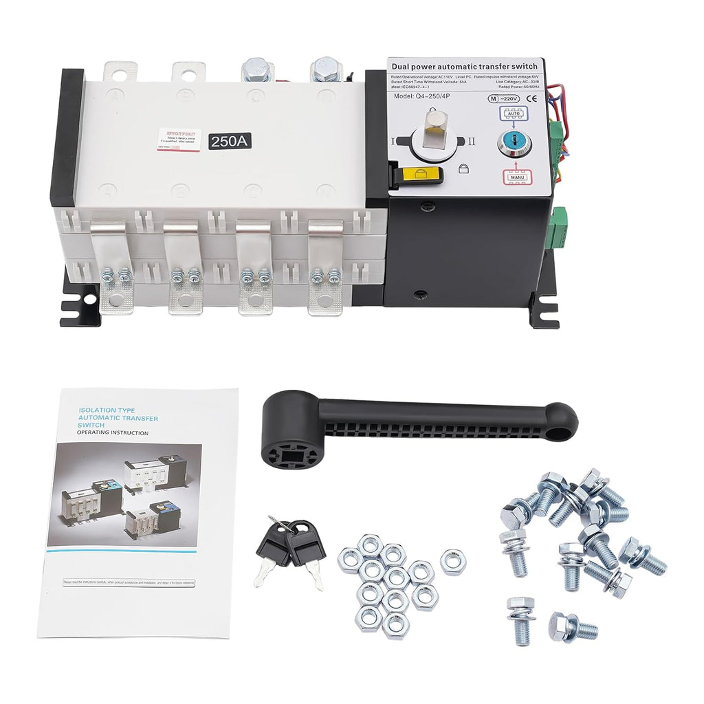250A 4 Poles Industrial Automatic Transfer Switch Dual Power Automatic Transfer Switch Two in One Out, Transfer Switch Grid to AC Generator for Hospitals High-Rise Buildings Shopping Malls Factories