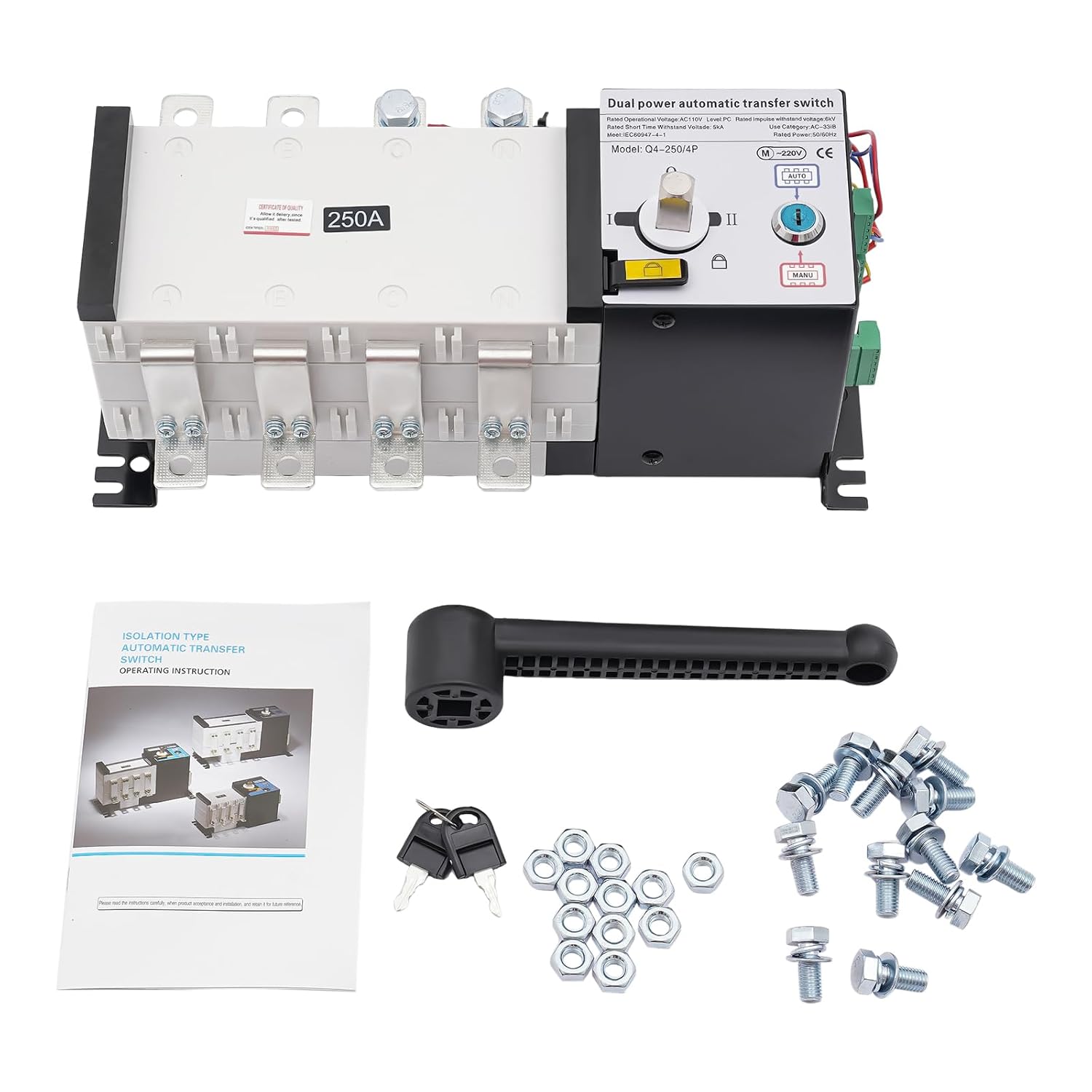 250A 4 Poles Industrial Automatic Transfer Switch Dual Power Automatic Transfer Switch Two in One Out, Transfer Switch Grid to AC Generator for Hospitals High-Rise Buildings Shopping Malls Factories