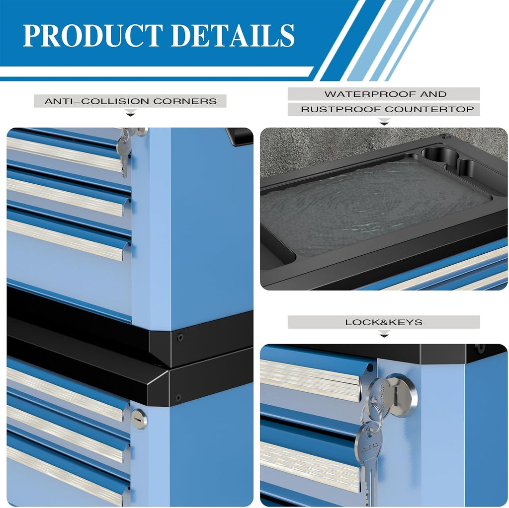 4-Drawer Tool Box with Lock&Keys,Portable Tool Box with Multifunctional Countertop,with Drawer Liner&Connecting Holes, Stacking with Same-Series 5&7-Drawer Tool Chests to Combine a Larger One