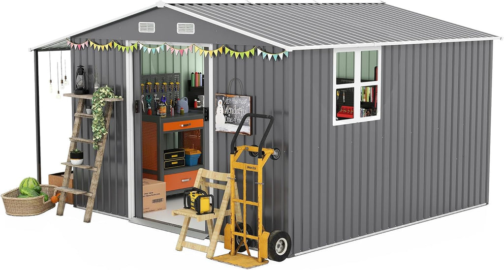 【LuckyNote】 10x12 Ft Outdoor Storage Shed, Extra Large Metal Shed with Lockable Doors, Windows, Outside Steel Tiny House Ideal for Garden, Backyard, Patio Utility, Tool Storage，3 Separate parcels