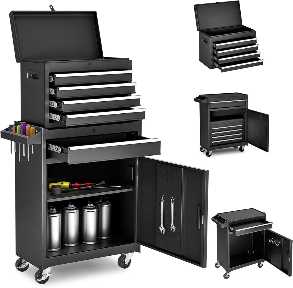 5 Drawer Tool Cart with Wheels & 1 Cabinet, Detachable Portable Top Box, Lockable Rolling Tool Chest Trolley Organizer Set, Multifunctional Tool Box w/Storage Lockers for Garage & Workshop