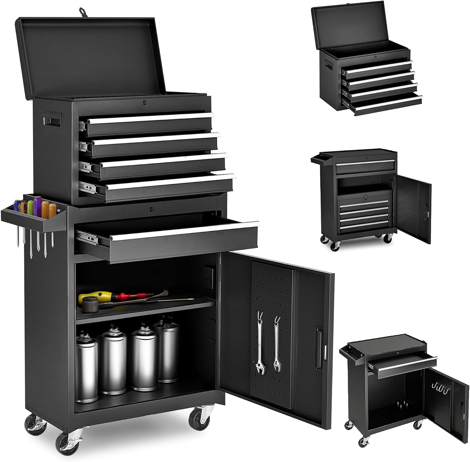 5 Drawer Tool Cart with Wheels & 1 Cabinet, Detachable Portable Top Box, Lockable Rolling Tool Chest Trolley Organizer Set, Multifunctional Tool Box w/Storage Lockers for Garage & Workshop