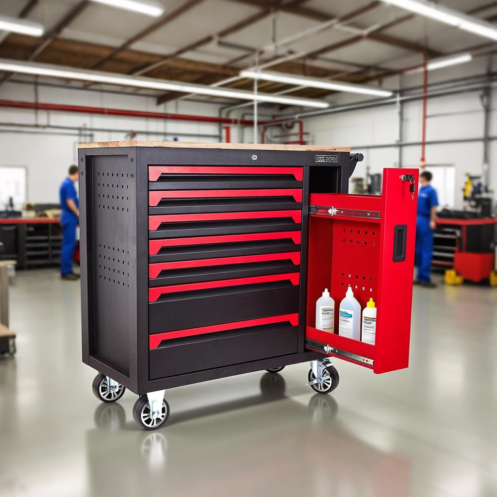 Rolling Large Tool Chest Cabinets 36.2-Inch 7 Horizontal Drawers and 1 Vertical Side Drawer 4 Wheels Workbench with Rubber Wooden Table Rolling Tool Box with Drawers and Locking System
