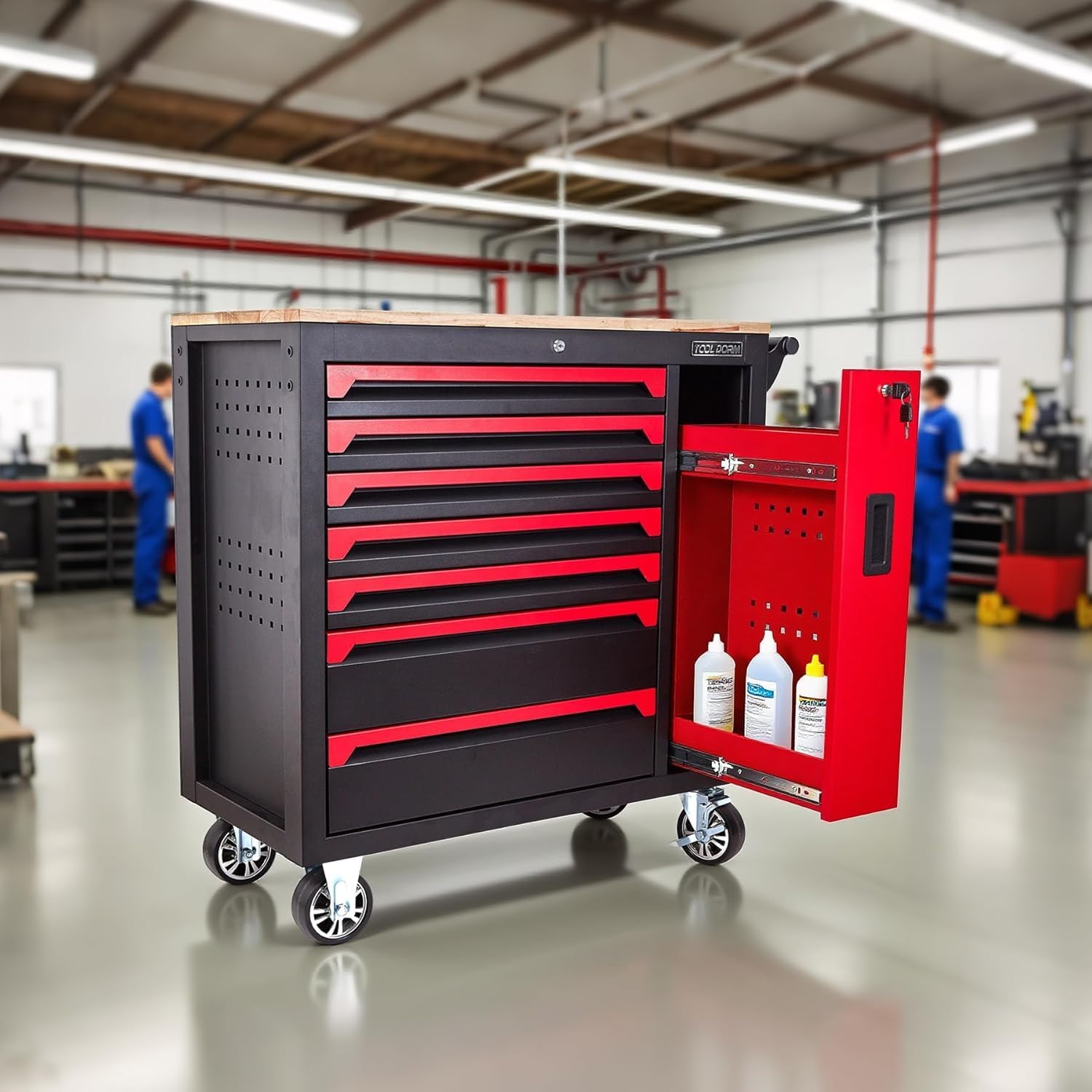 Rolling Large Tool Chest Cabinets 36.2-Inch 7 Horizontal Drawers and 1 Vertical Side Drawer 4 Wheels Workbench with Rubber Wooden Table Rolling Tool Box with Drawers and Locking System
