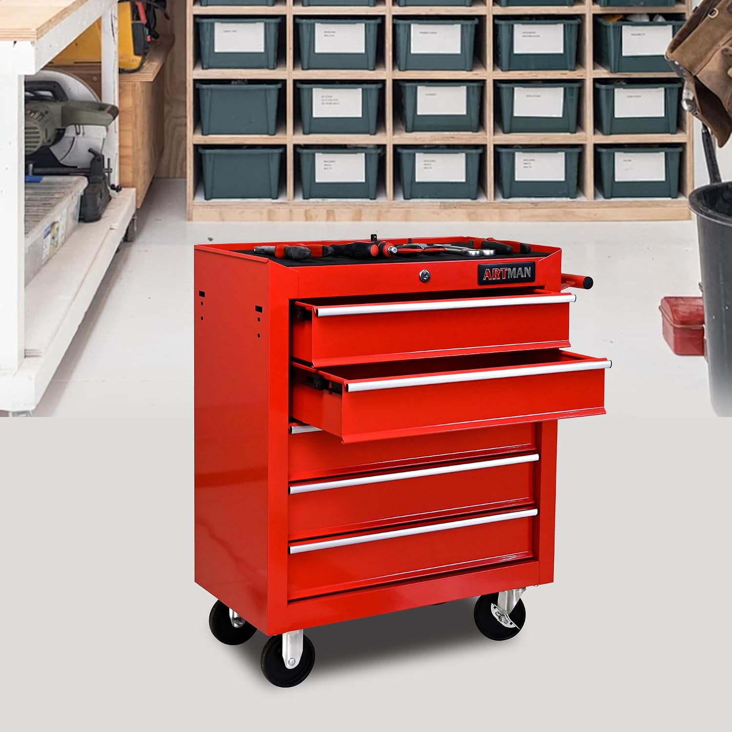 5 Drawers Tool Cart on Wheels, 5 Drawer Rolling Tool Chest with Key Lock, Trolley Organizer Tool Case, Multifunctional Rolling Tool Box for Garage,Warehouse,Workshop,Repair Shop (Red)