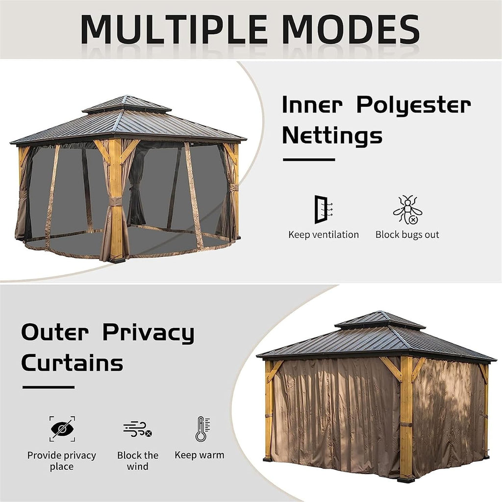 12'x12' Hardtop Gazebo with Cedar Wood Frame, Outdoor Wood Gazebo with Galvanized Steel Double Roof, Permanent Metal Roof Gazebo with Curtains and Netting for Patio, Backyard and Lawn(Brown)