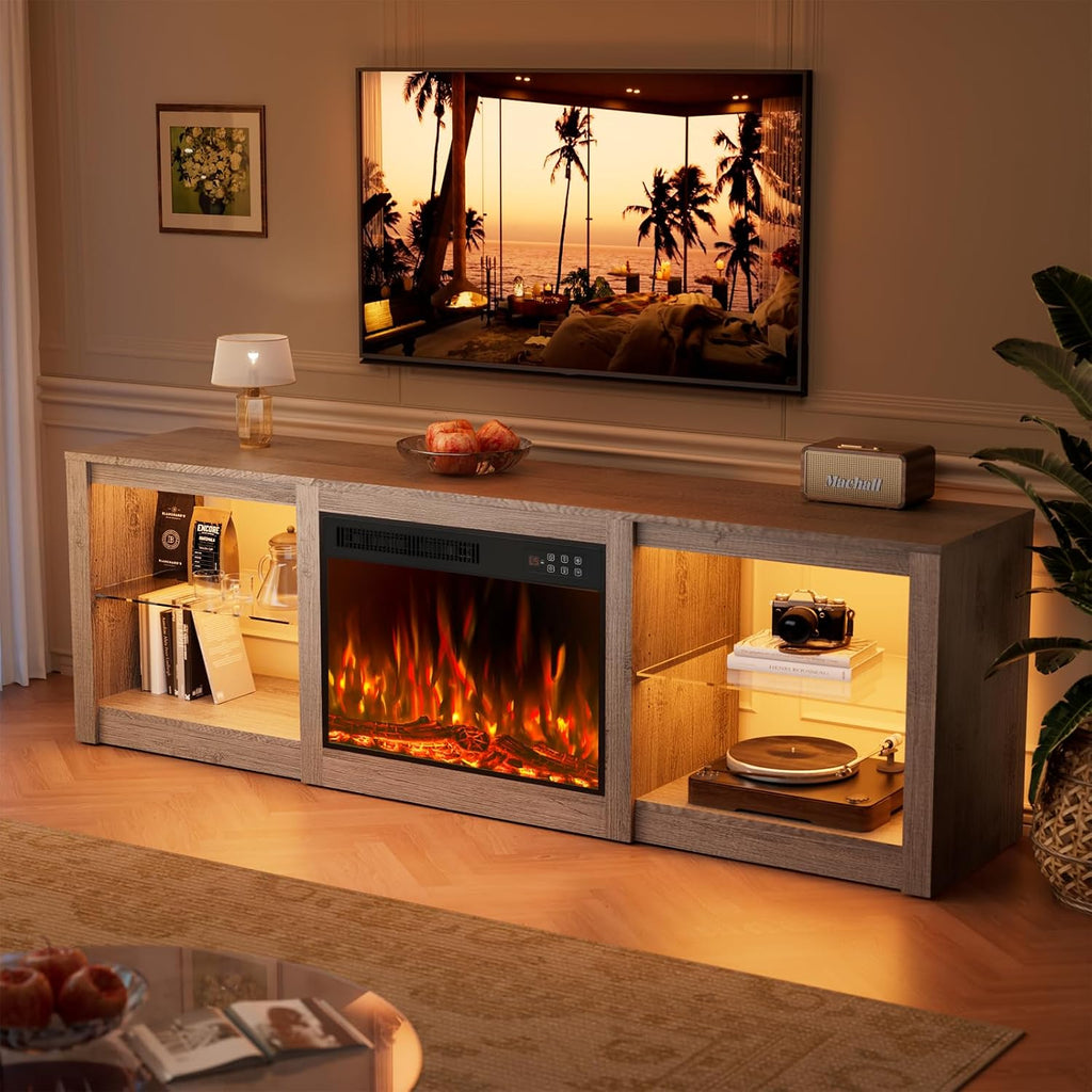 70' Fireplace TV Stand for TVs up to 80 Inches with 23'' Electric Fireplace Insert, Entertainment Center for Living Room, Gray