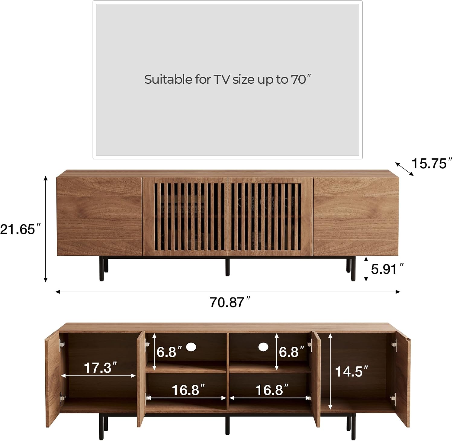 70.87' Mid Century Modern TV Stand, Walnut Media Console for 70 Inch TVs, Entertainment Cabinet with 4 Storage Compartments for Living Room or Bedroom