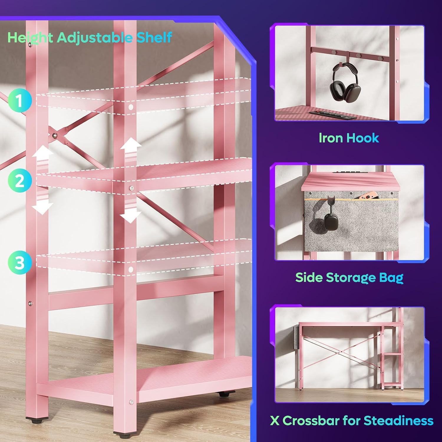 Bestier Pink Gaming Desk with Power Outlets, 44 Inch Led Gamer Desk with 4 Tiers Reversible Shelves, Computer Desk with Headset Hook & Side Storage Bag for Bedroom (Pink 3D Carbon Fiber)