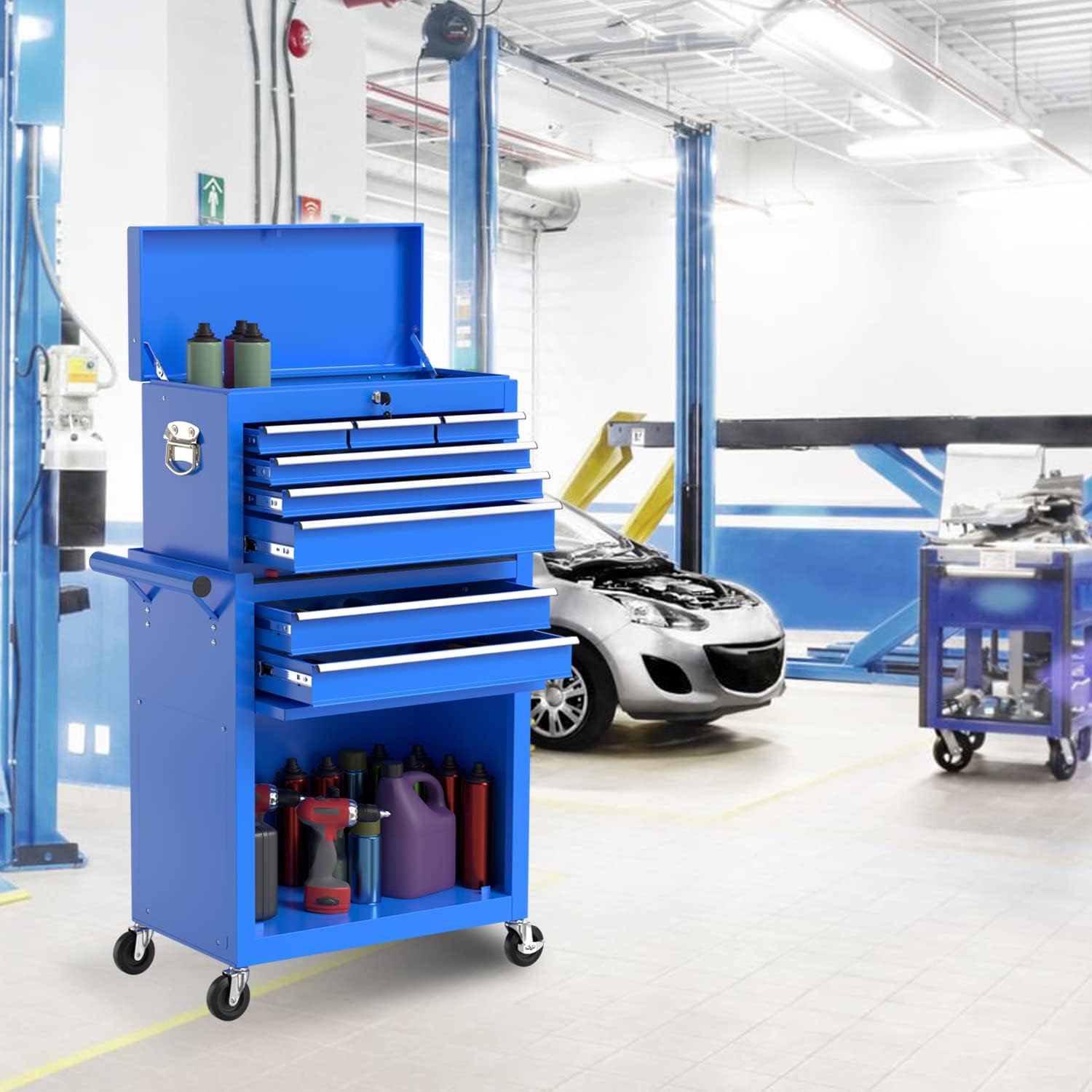 8-Drawer High Capacity Rolling Tool Chest, Removable Cabinet Storage Tool Box with Wheels and Drawers, Detachable Toolbox with Lock for Workshop Mechanics Garage
