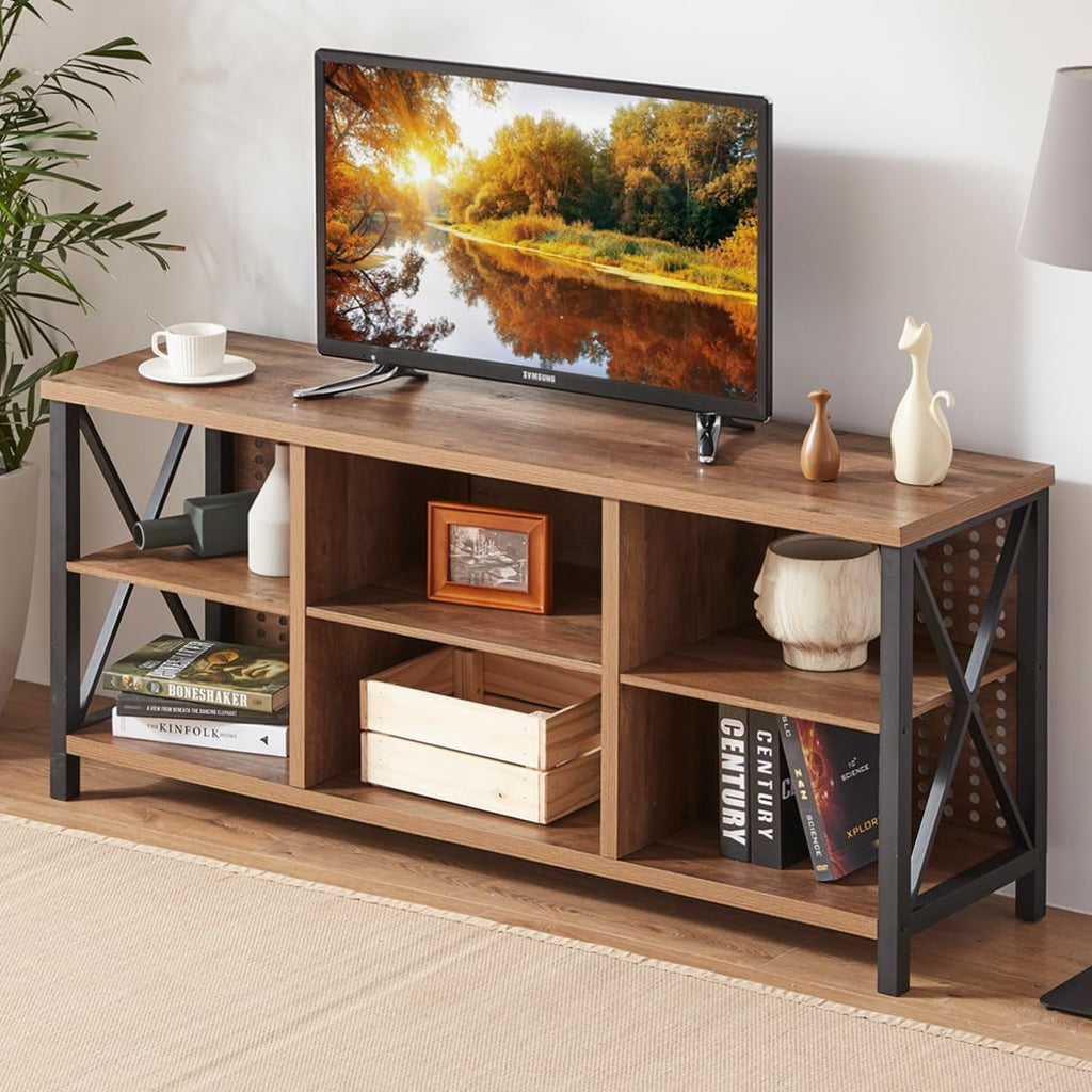 LVB Rustic Entertainment Center for 65 Inch TV, Industrial Wood and Metal TV Stand with Storage Shelf, Modern Television Media Console Table with Cabinet for Living Room Bedroom, Rustic Oak, 55 Inch