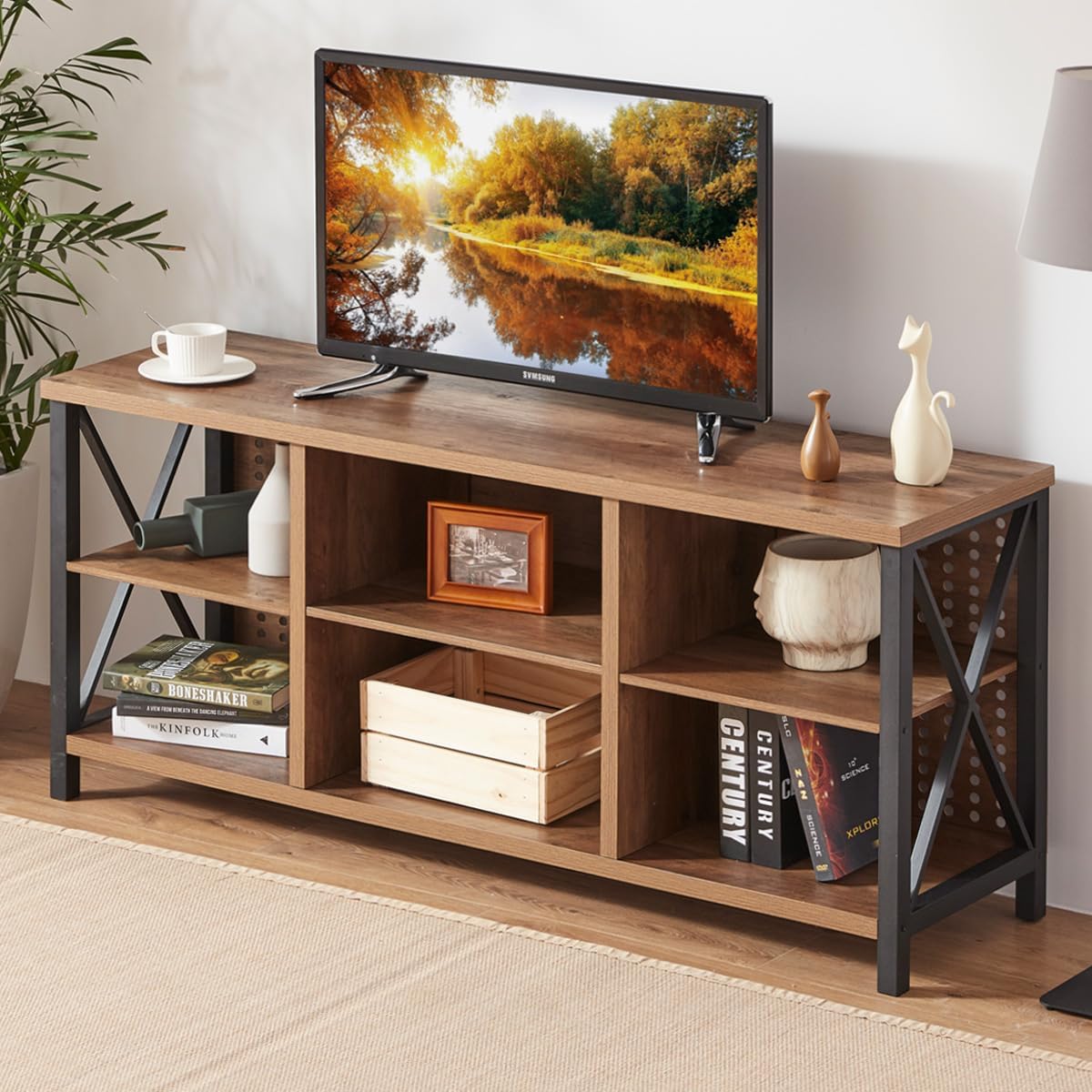 LVB Rustic Entertainment Center for 65 Inch TV, Industrial Wood and Metal TV Stand with Storage Shelf, Modern Television Media Console Table with Cabinet for Living Room Bedroom, Rustic Oak, 55 Inch