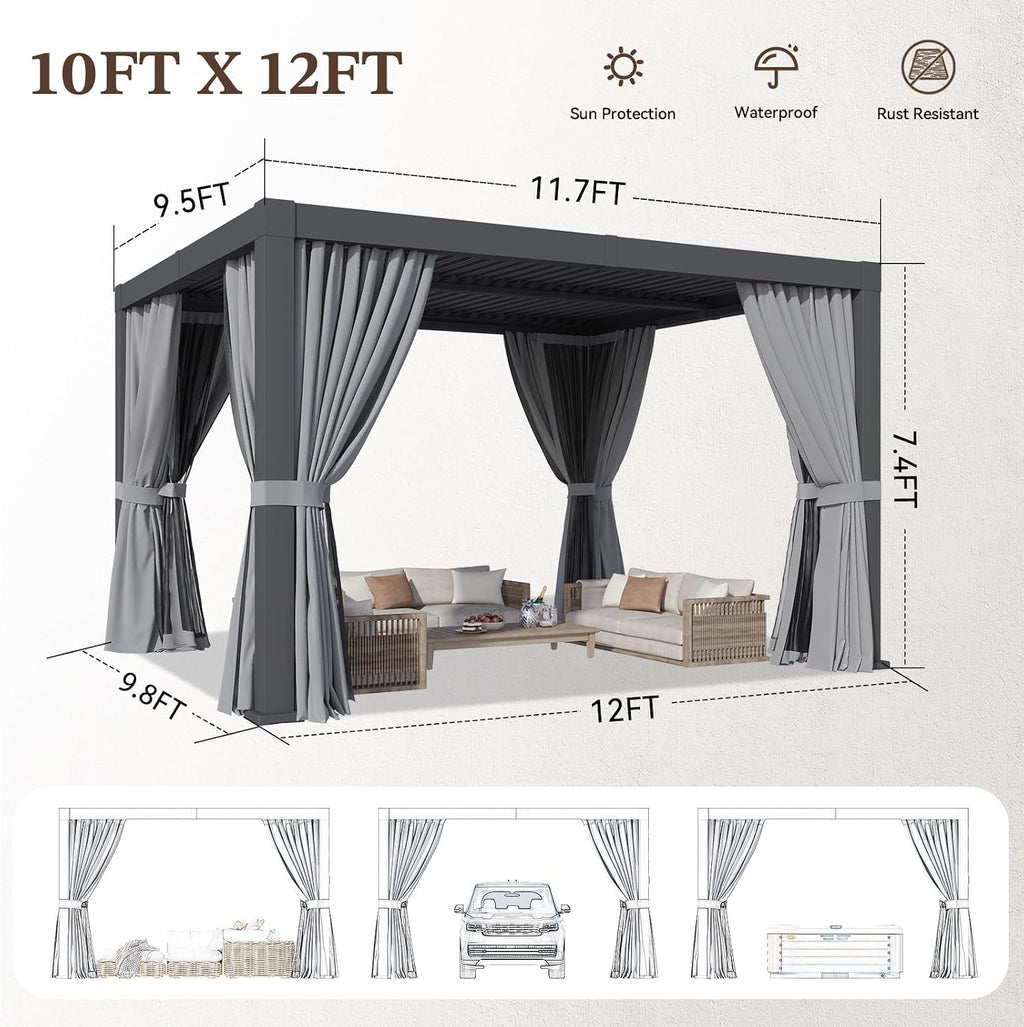 Louvered Pergola 10FTx 12FT Outdoor Aluminum Pergola with Adjustable Top for Decks, Gardens and Backyards, Gray