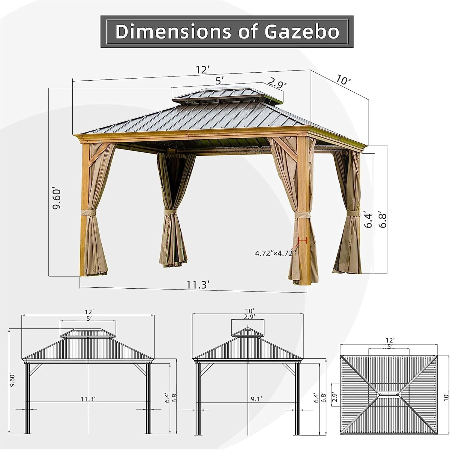 10x12Ft Hardtop Gazebo Wooden Coated Aluminum Frame Canopy Galvanized Steel Double Roof Outdoor Wood-Looking Permanent Metal Pavilion with Curtains and Netting for Patio Deck Lawn