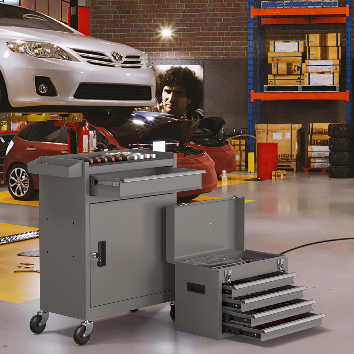 5-Drawers Tool Chest, 2-in-1 Rolling Tool Box with Wheels and Drawers, Detachable Storage Toolbox with Lock, Heavy-Duty Metal Tool Cart for Garage, Workshop（Gray）