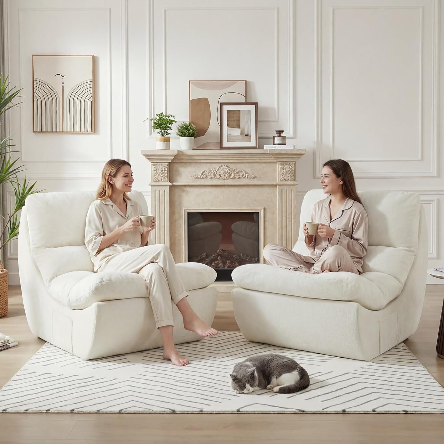 Set of 2 Bean Bag Chairs for Adults, Boneless Lounge Chair, Anti Cat Scratch Fabric with Machine Washable, Beanbag Chair for Bedroom, Floor Couch Living Room, Bedroom, Reading Corner (Beige)