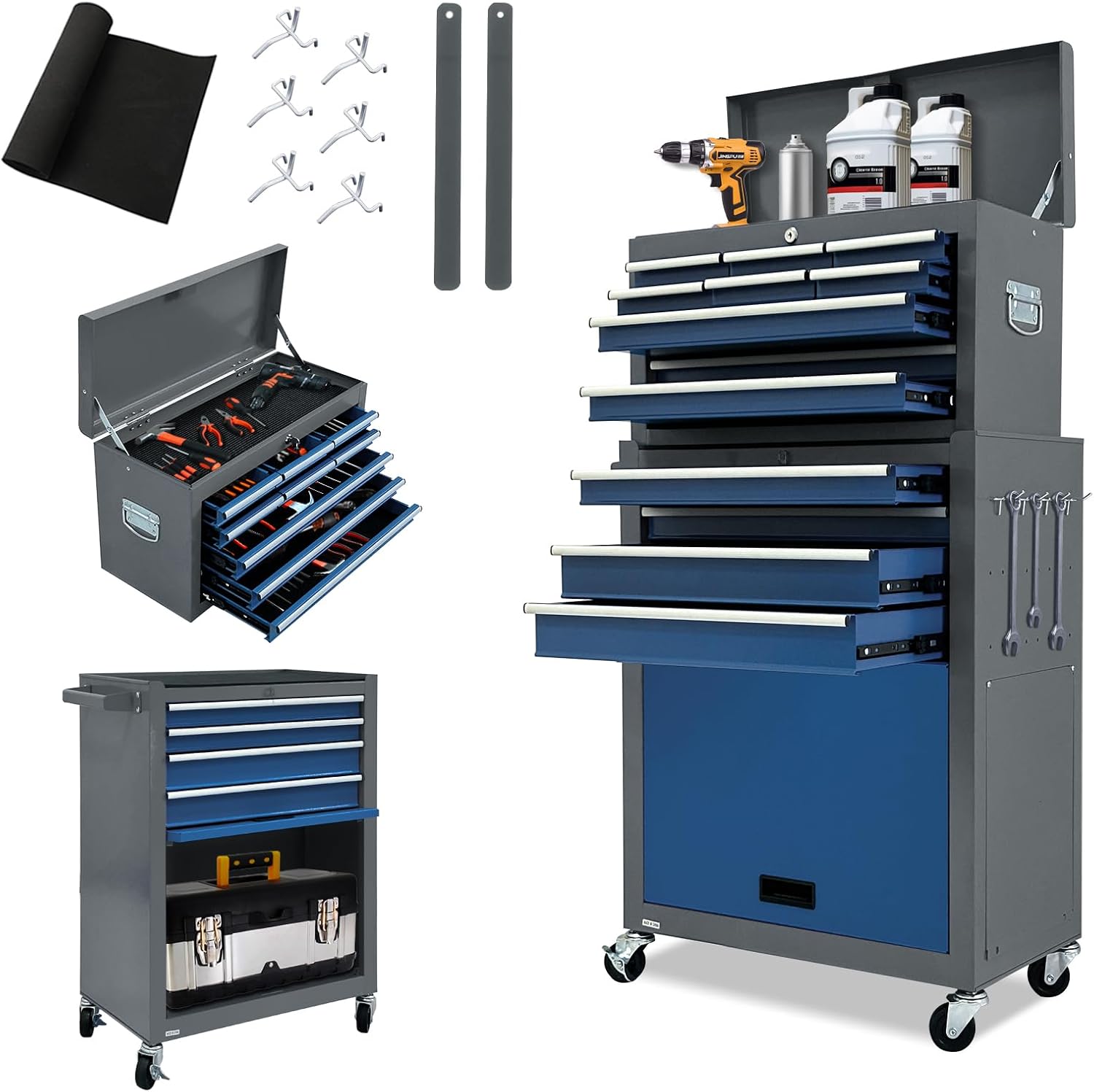 Kirmoasl 13-Drawer Rolling Tool Chest, Large Tool Chest with Wheels, 2 in 1 Detachable Tool Chests, Portable Tool Storage, Locking Mechanic Tool Box for Warehouse, Garage, Gray & Blue