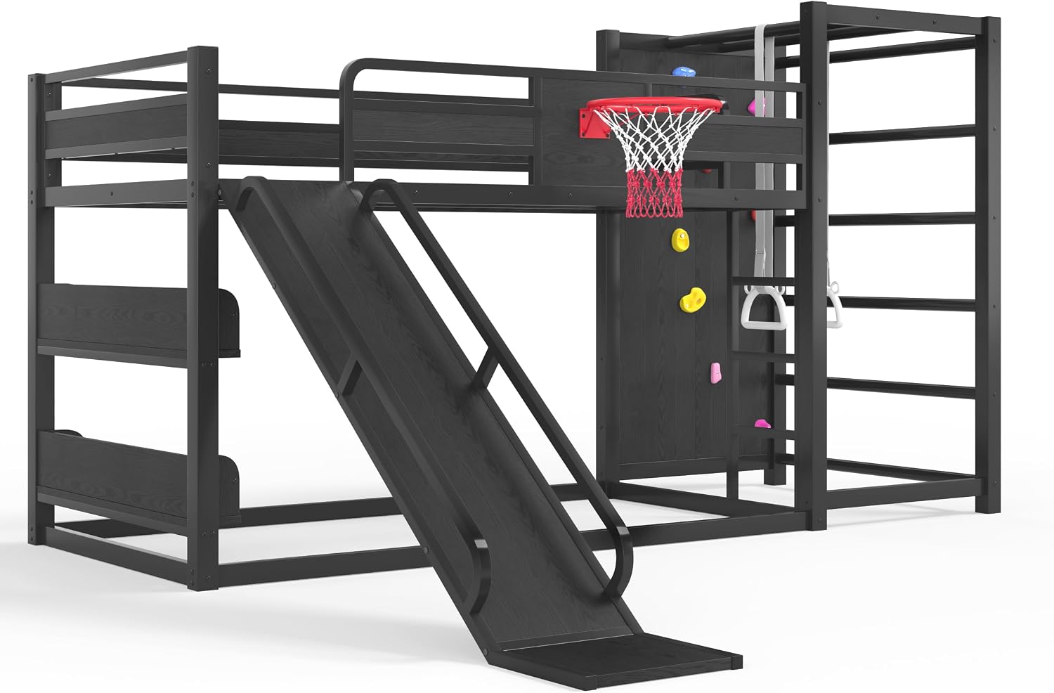 SOFTSEA Twin XL Metal Loft Bed with Slide & Basketball Hoop, Heavy Duty Bunk Bed with Storage Shelves, Climbing Wall & Pull Up Rings, Playful Basketball Slide Bed Frame, Black