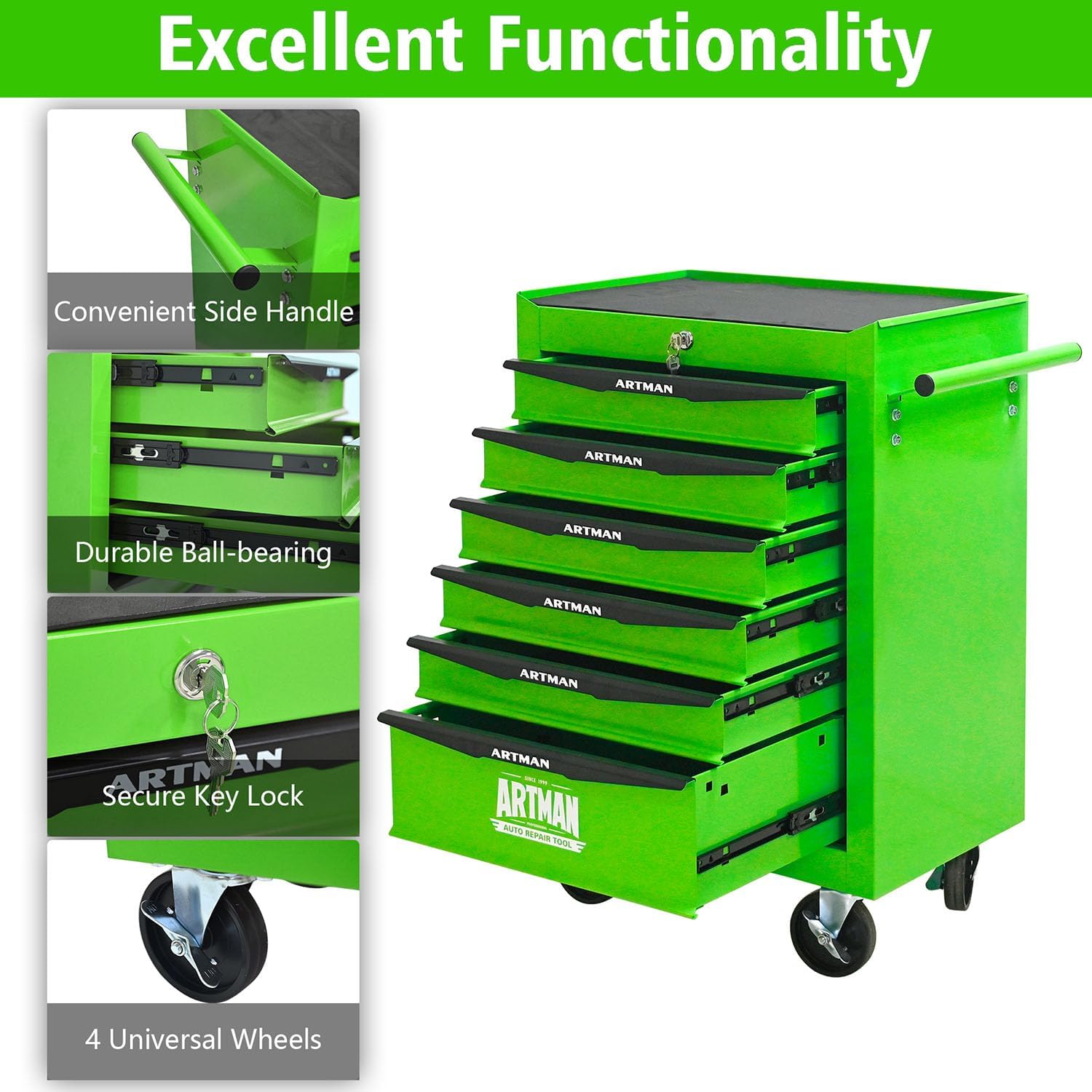 6 Drawers Rolling Tool Box on Wheels, Multifunctional Tool Chest Cabinet with Lock, Drawers Rolling Tool Cart Trolley Organizer Tool Storage Case for Warehouse,Garage,Workshop (Green)