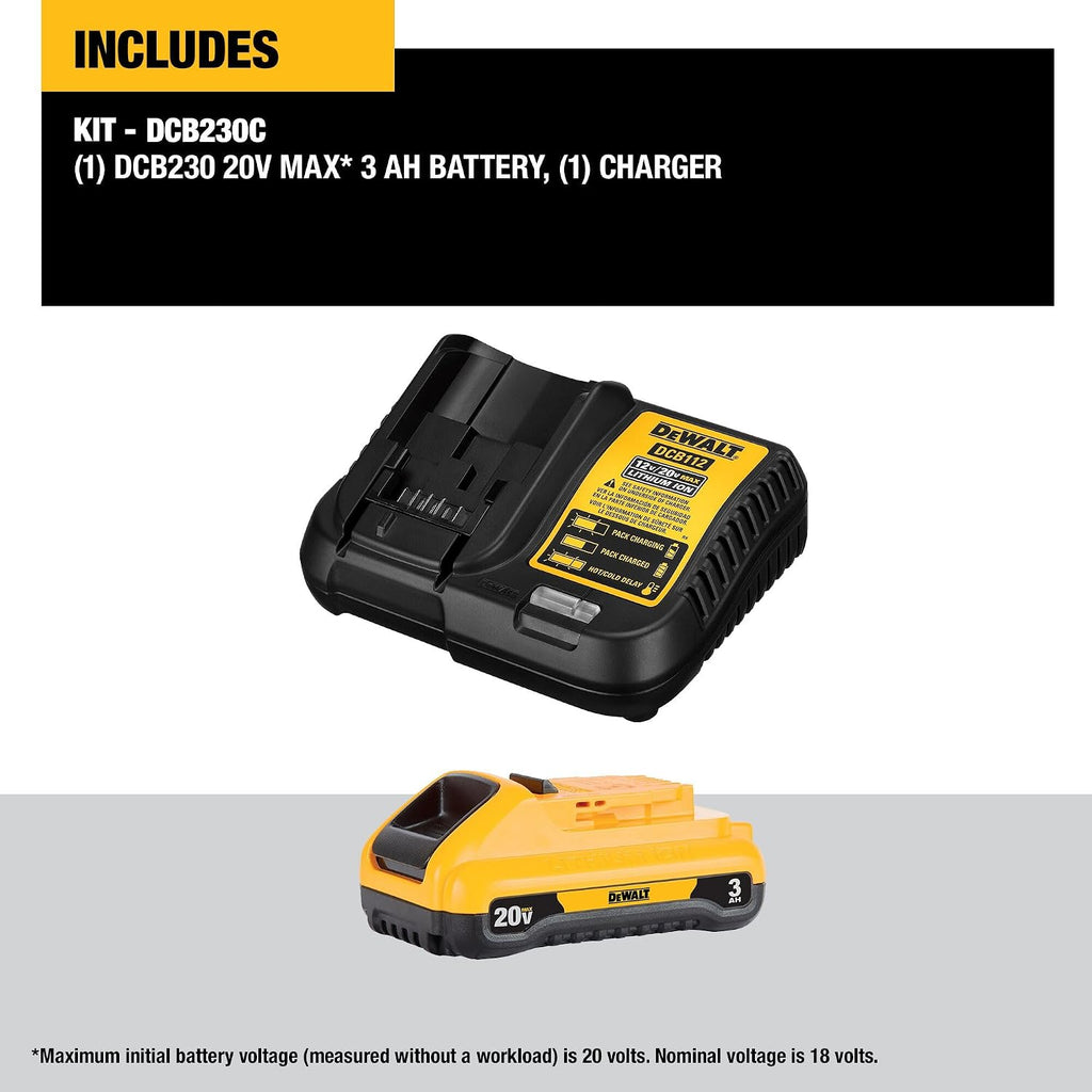 DEWALT 20V MAX Battery Pack with Charger, 3 Ah, Extra Long Run Time (DCB230C)